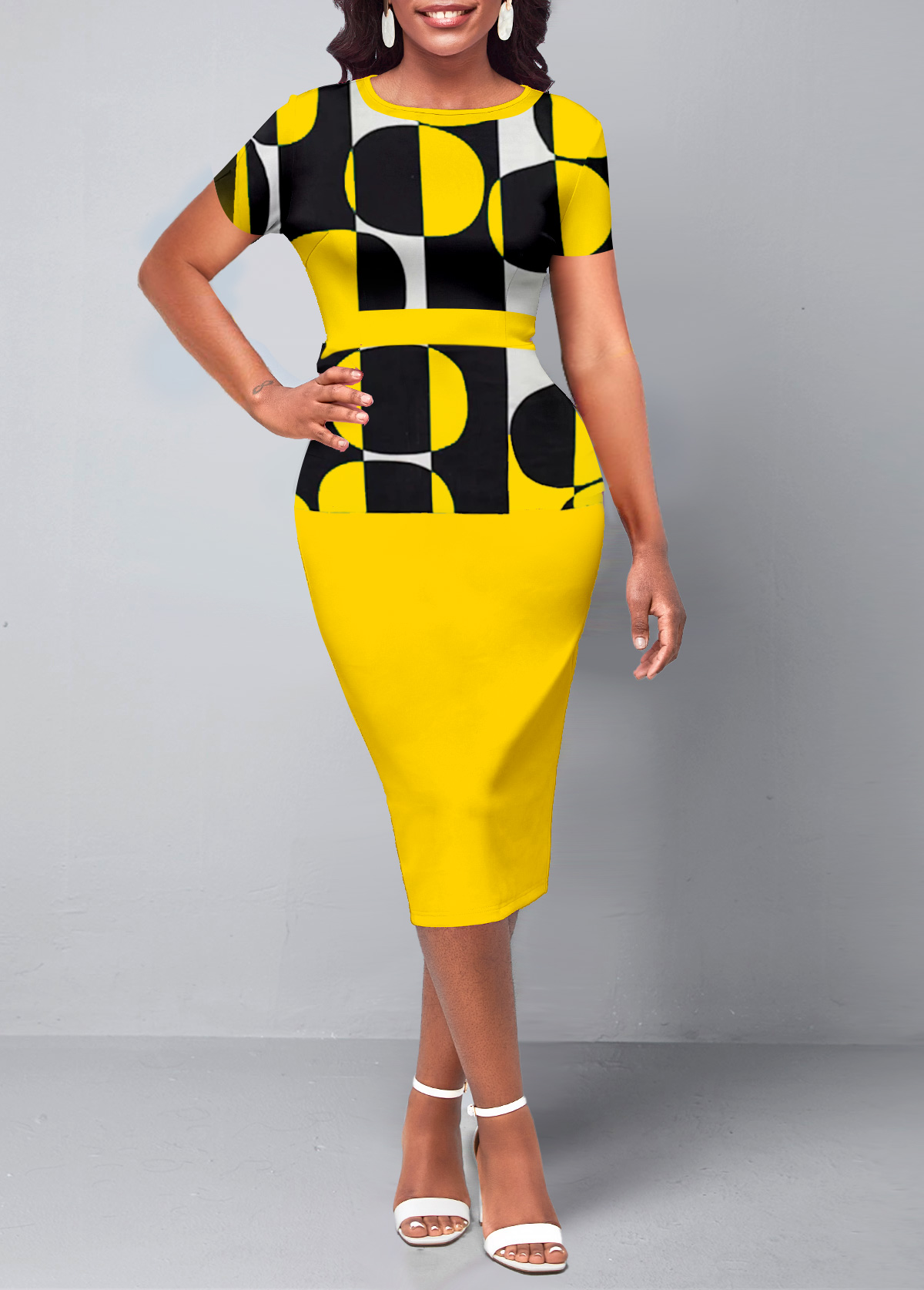 Geometric Print Round Neck Yellow Short Sleeve Dress