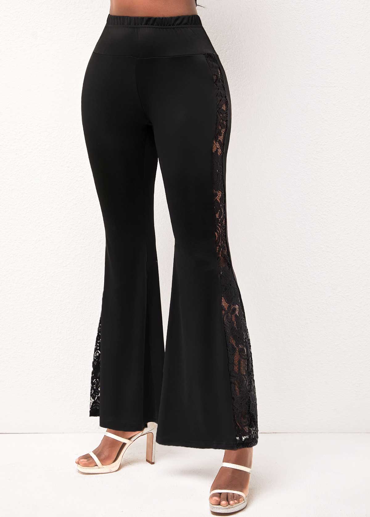 Lace Stitching High Waisted Black Flare Pants