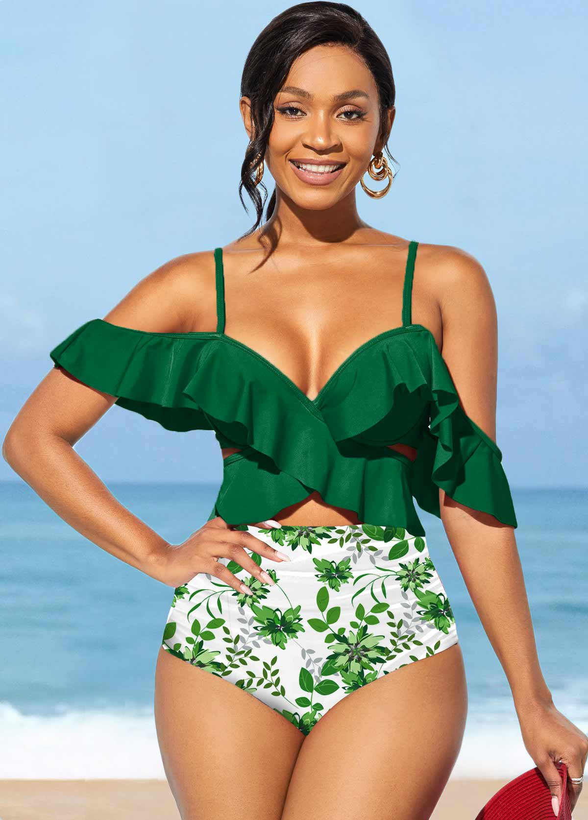 Leaf Print Flounce Green High Waisted Bikini Set