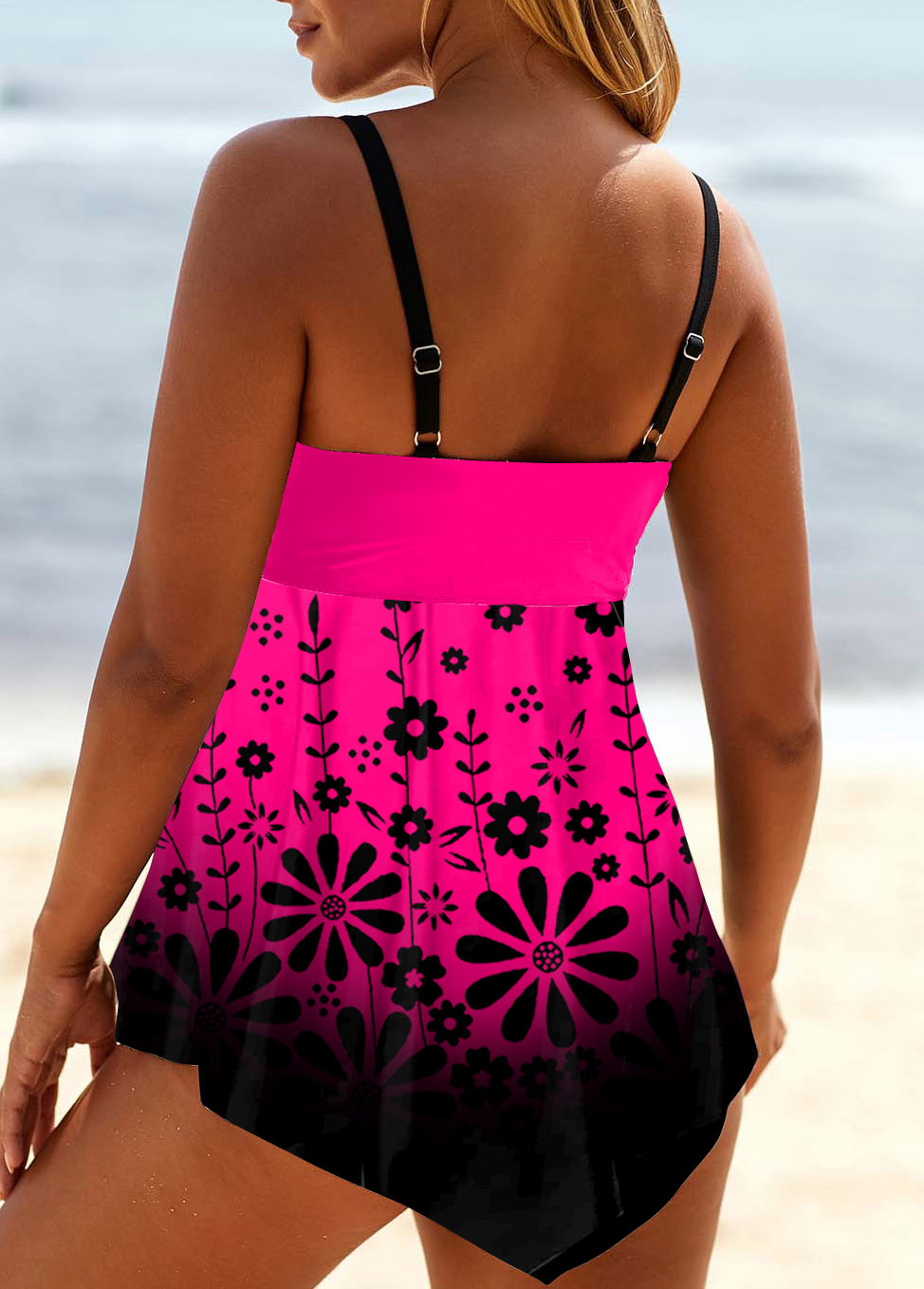 Rose Red Floral Print Ombre Swimdress Top