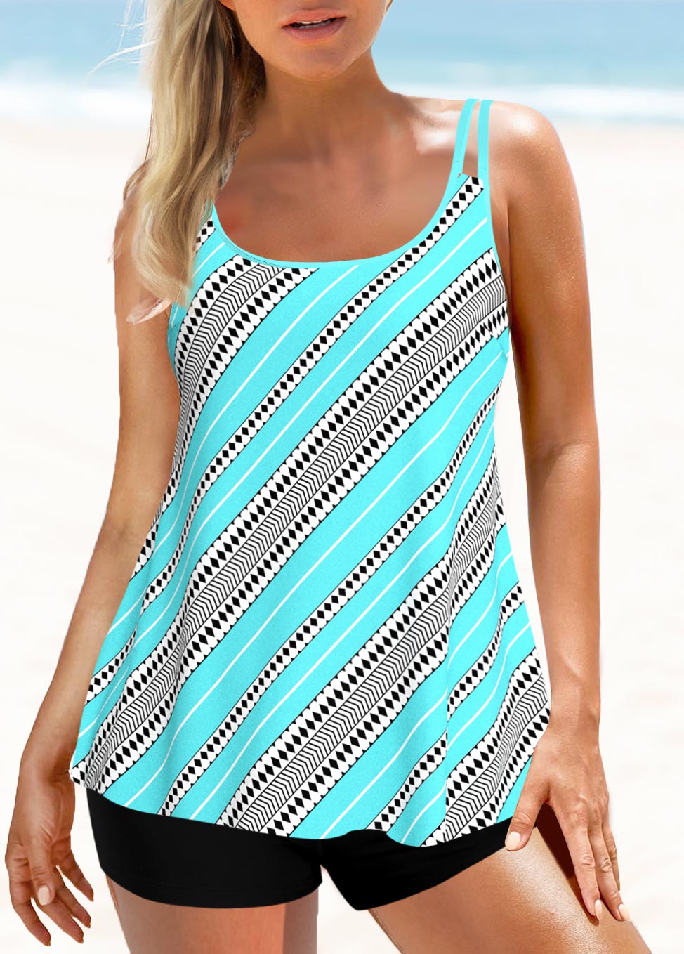 Cyan Double Straps Asymmetric Stripe Print Swimdress Set