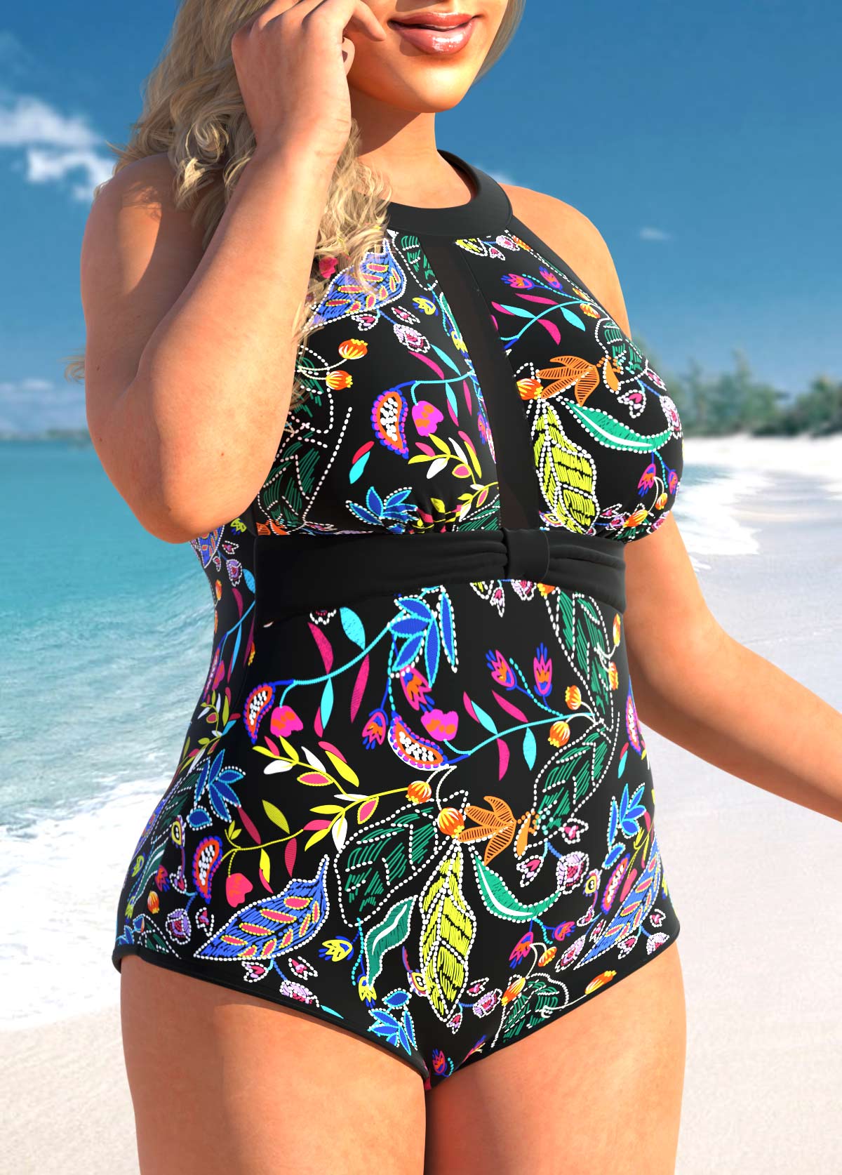Black Floral Print Cutout Plus Size One Piece Swimwear
