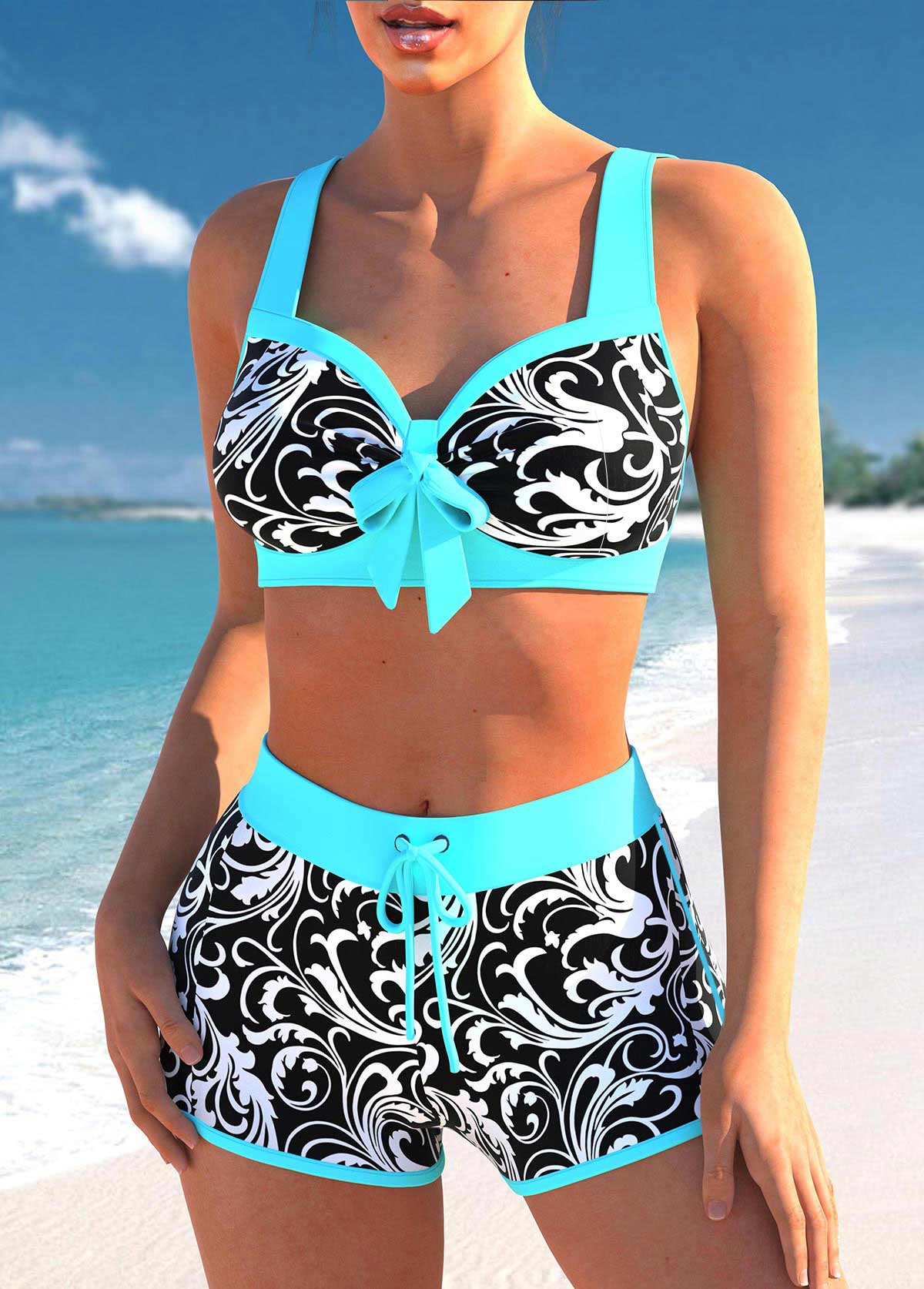 Cyan Contrast Stitch Floral Print Bikini Set