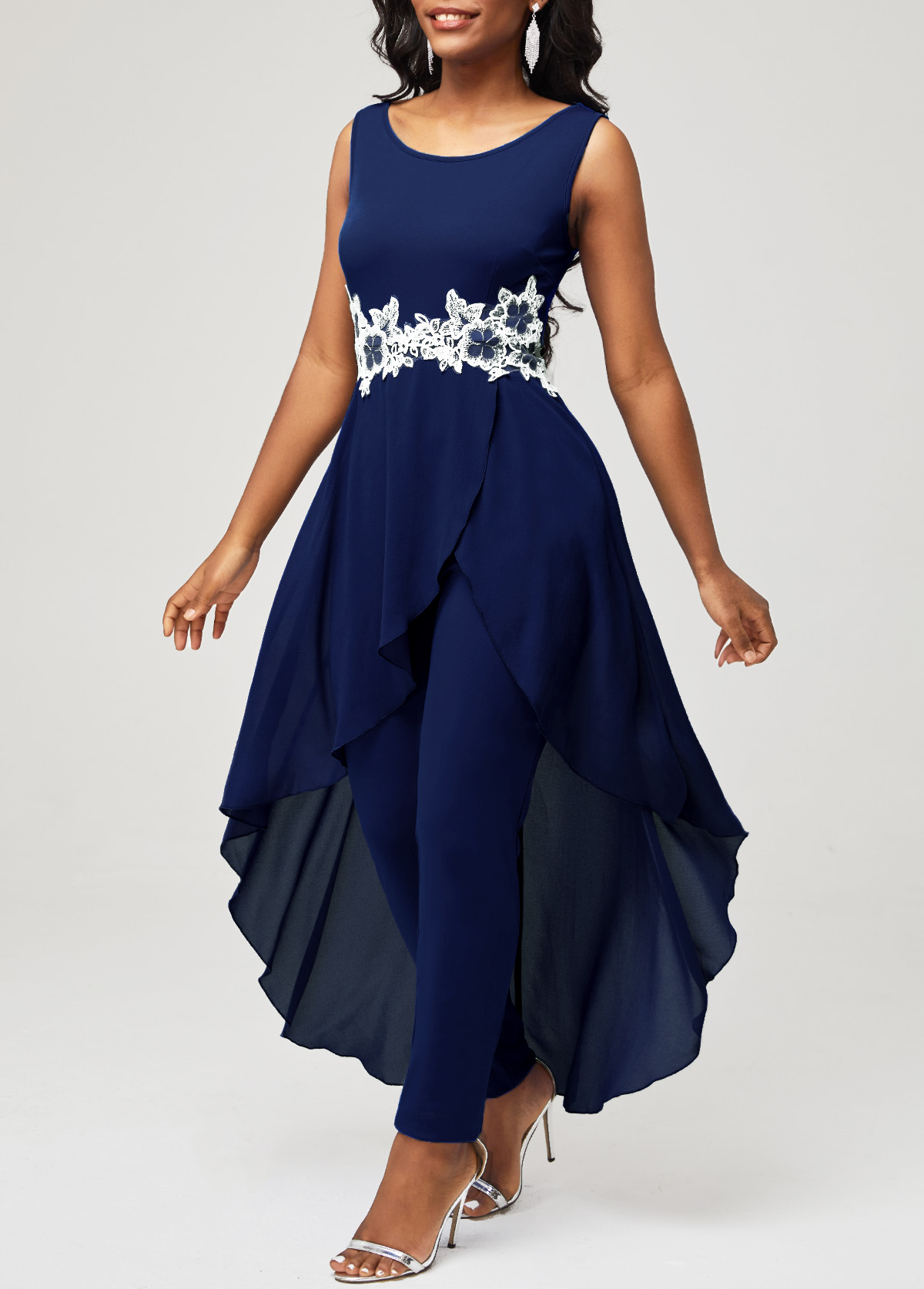 Lace Stitching Faux Two Piece Navy Blue Jumpsuit USD 27.98