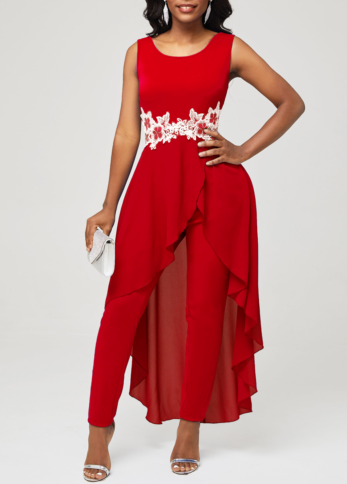Lace Stitching Faux Two Piece Red Jumpsuit