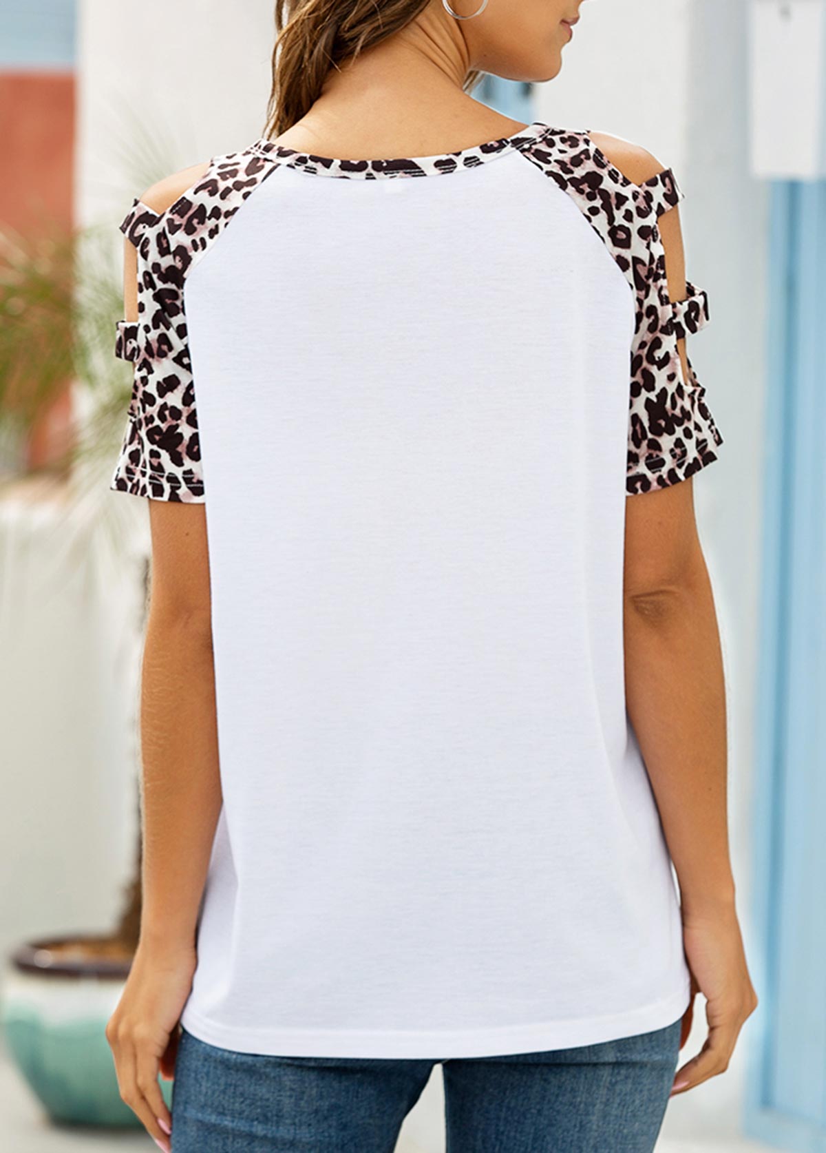 White Short Sleeve Leopard Ladder Cutout T Shirt