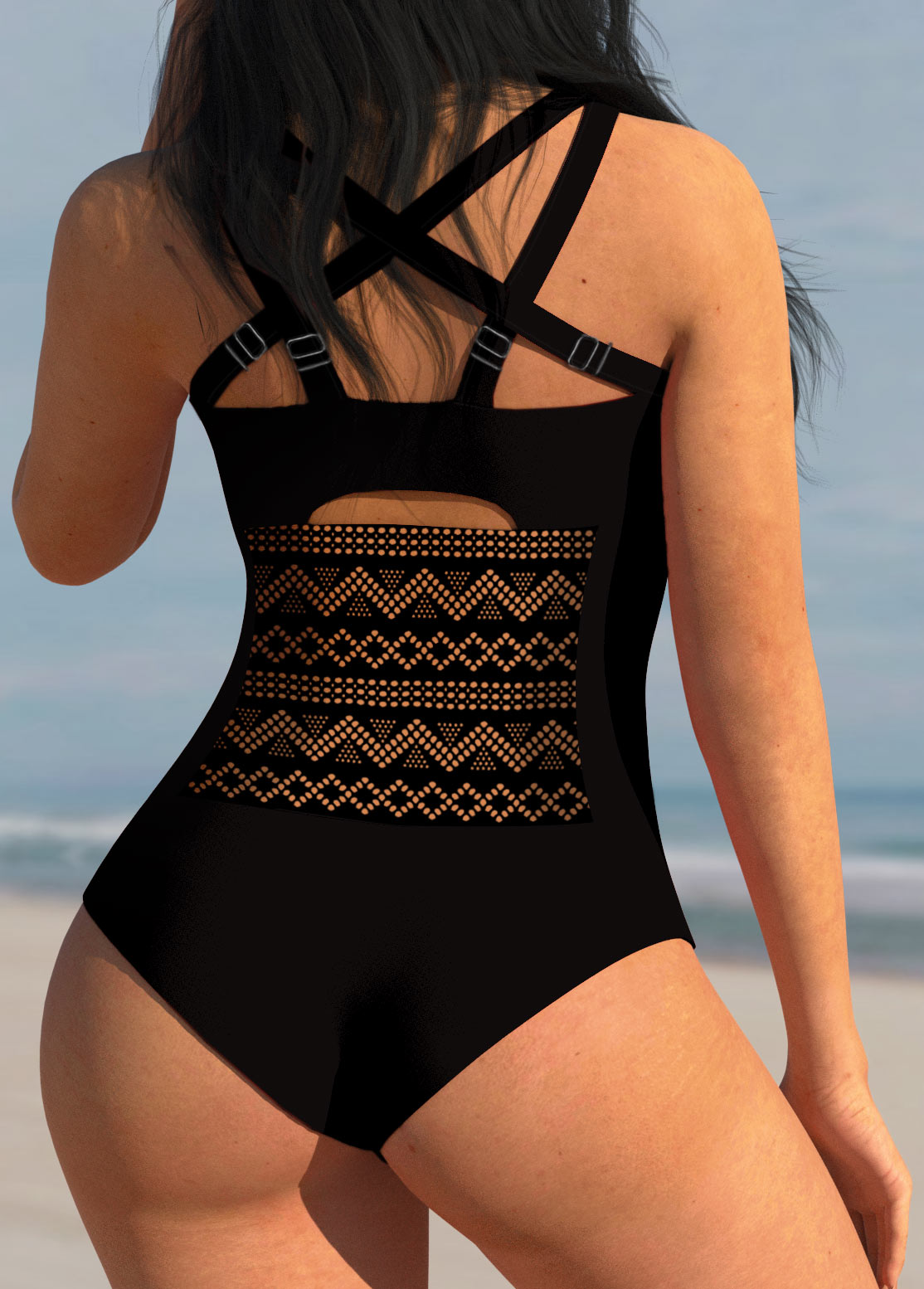 Hollow Out Black Cross Strap One Piece Swimwear