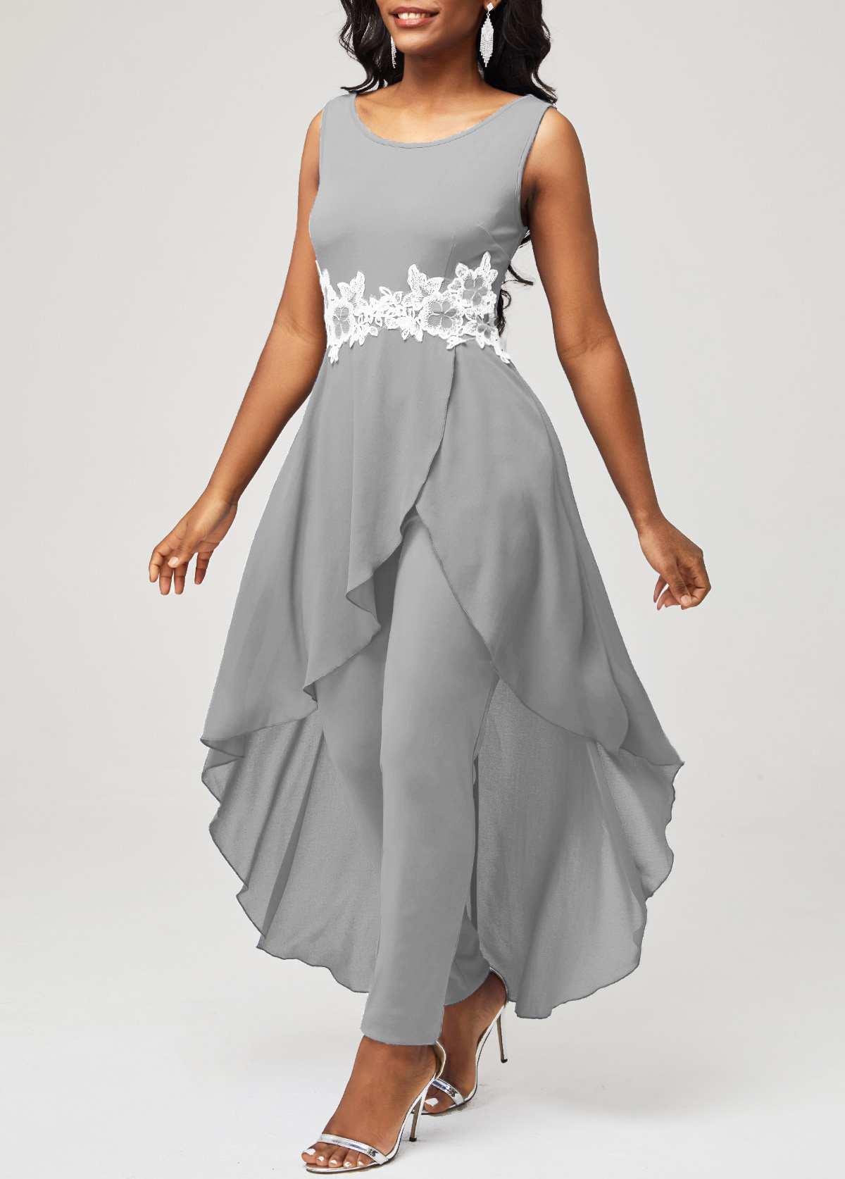 Lace Stitching Faux Two Piece Grey Jumpsuit