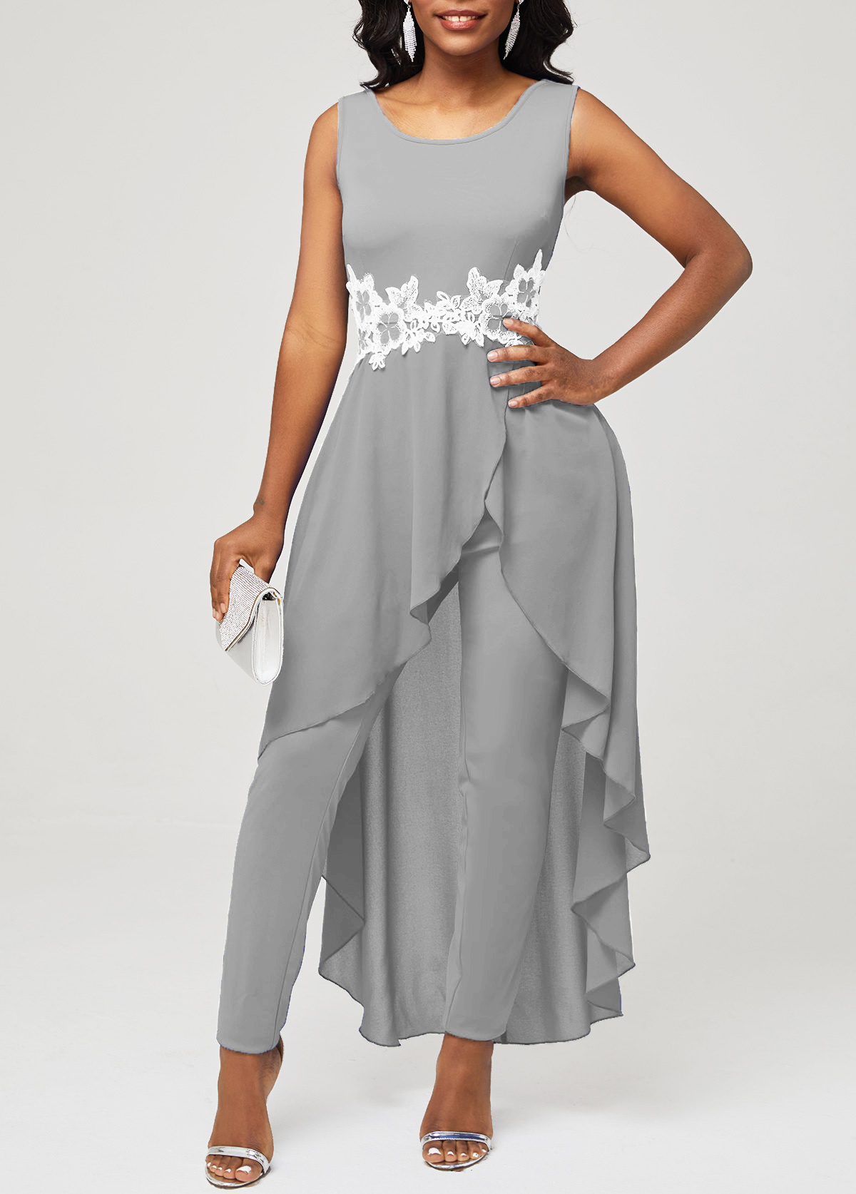 Lace Stitching Faux Two Piece Grey Jumpsuit