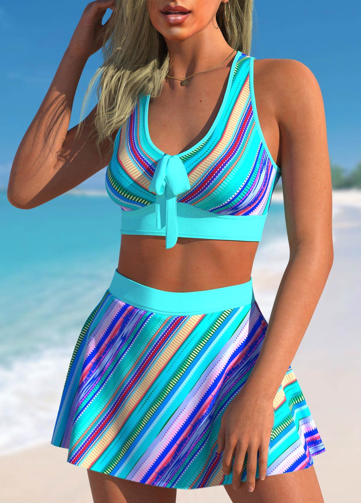 High Waisted Cyan Stripe Print Bikini Set
