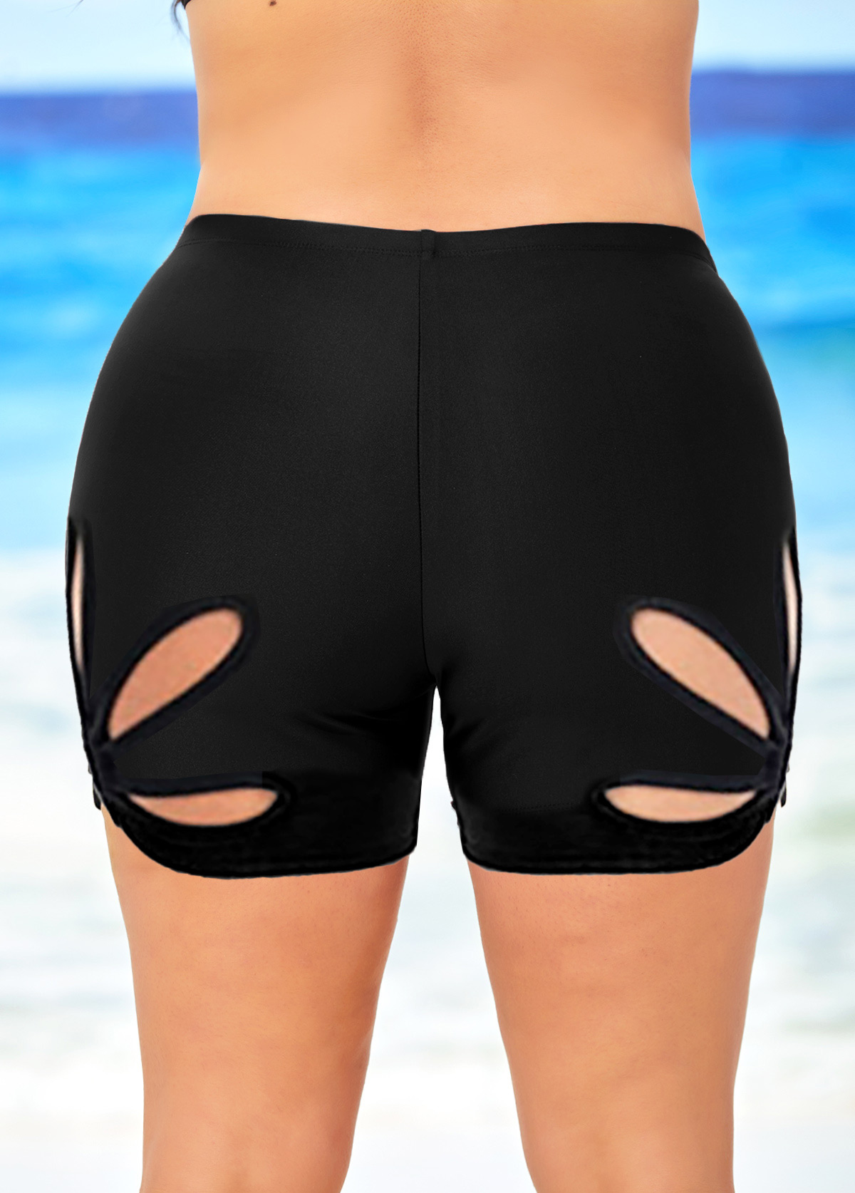 Plus Size Cutout Petal Shape Black Swim Shorts
