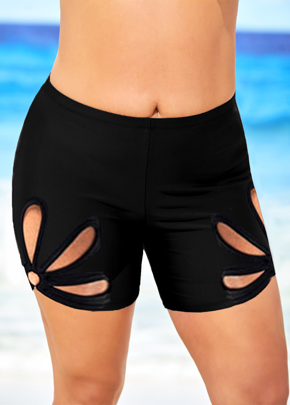 Plus Size Cutout Petal Shape Black Swim Shorts