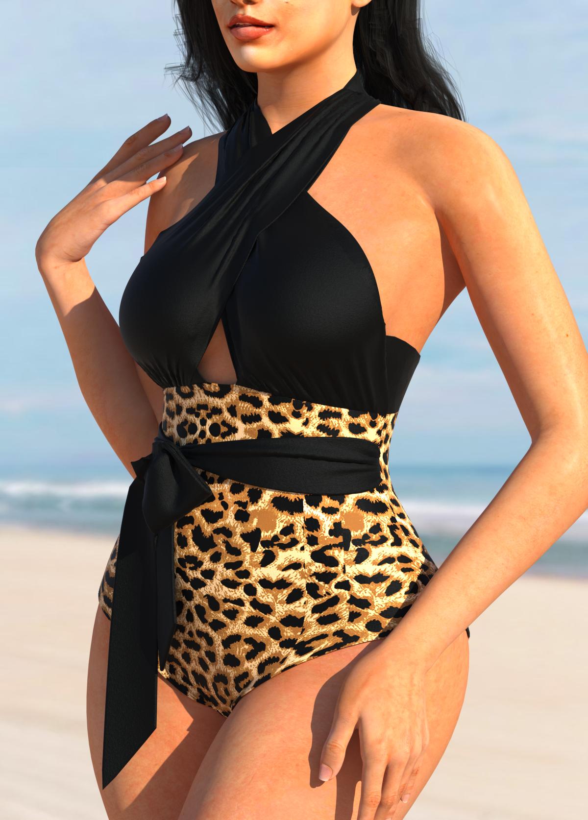 Cross Halter Leopard Black One Piece Swimwear