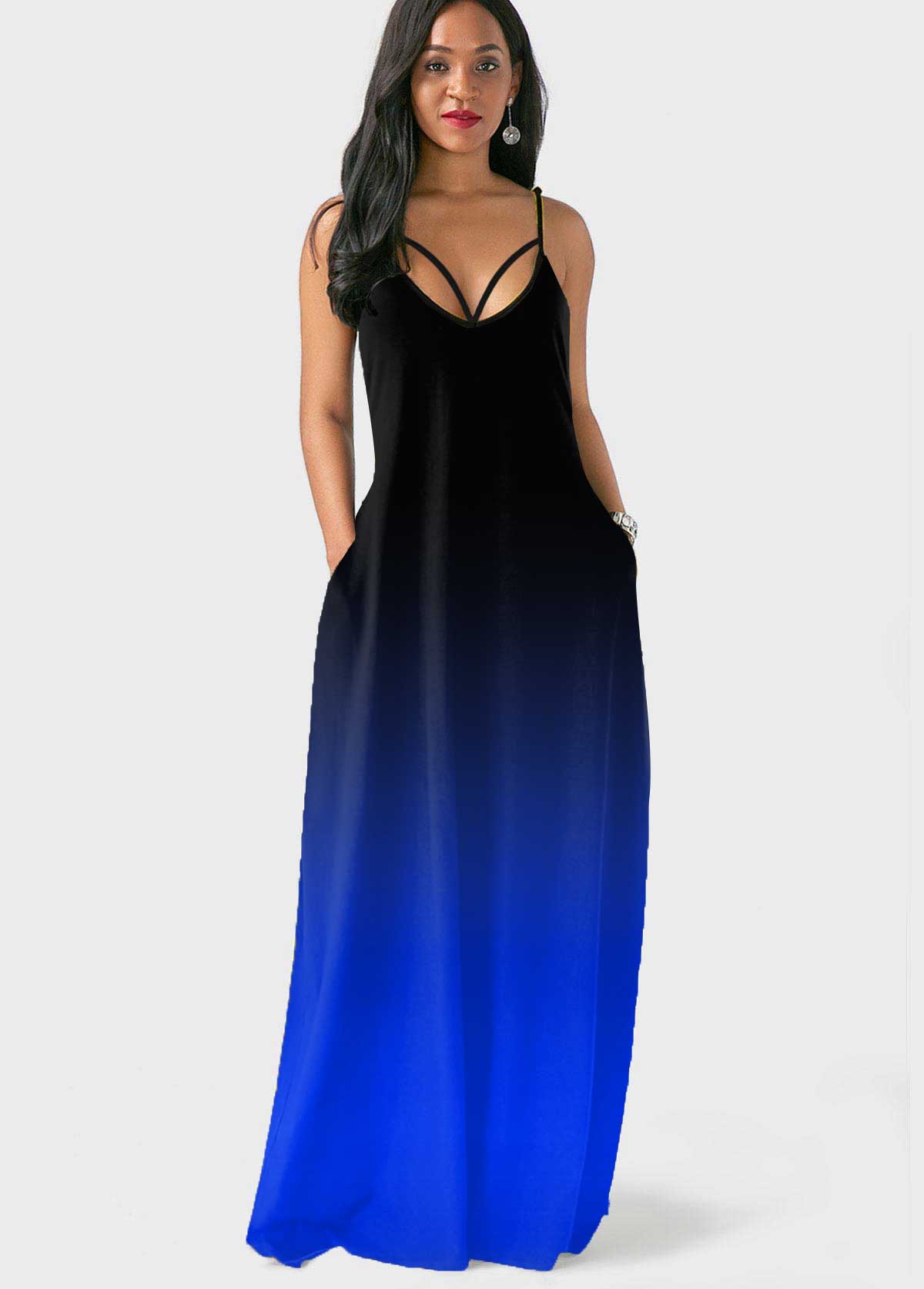 Royal Blue Double Side Pockets Ombre Dress