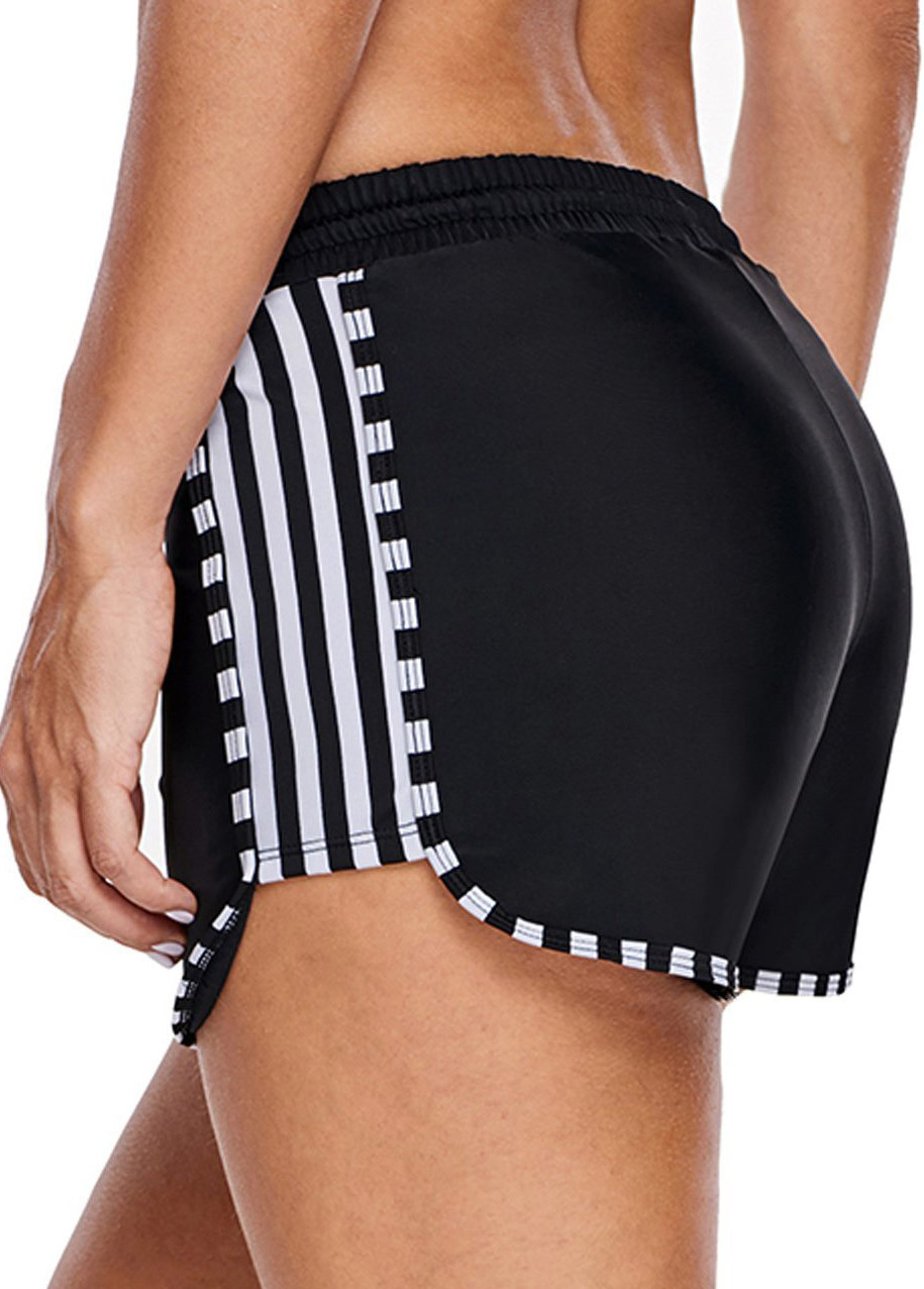 Striped Contrast Stitch High Waisted Black Swim Shorts