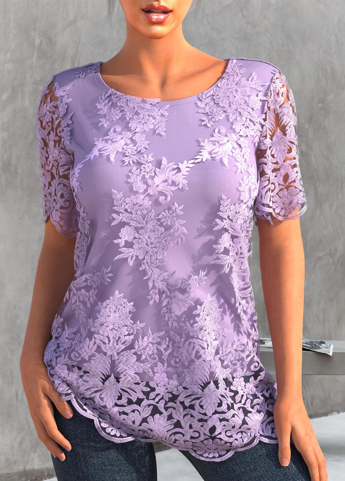 Embroidered Light Purple Lace 3/4 Sleeve T Shirt