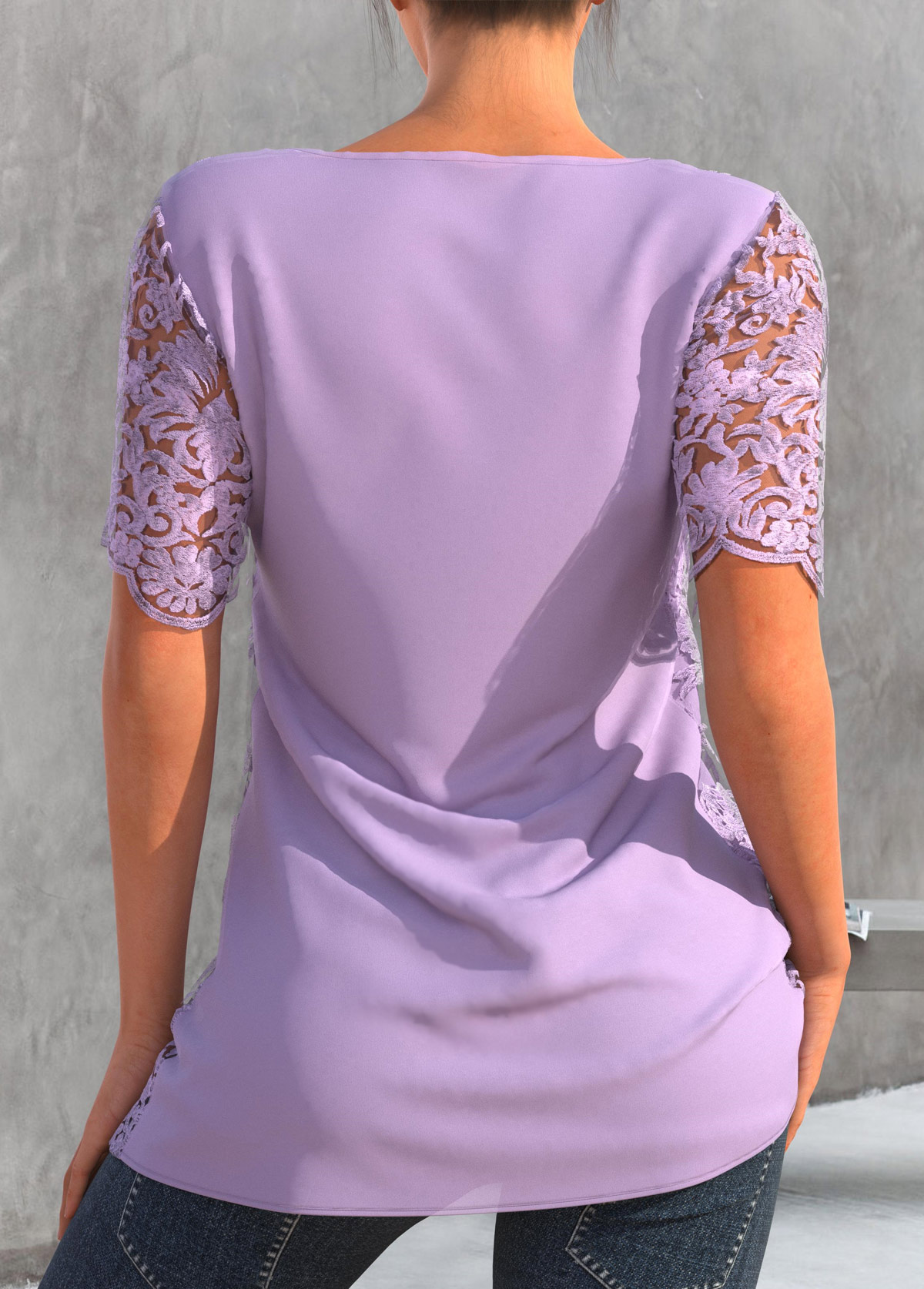 Embroidered Light Purple Lace 3/4 Sleeve T Shirt