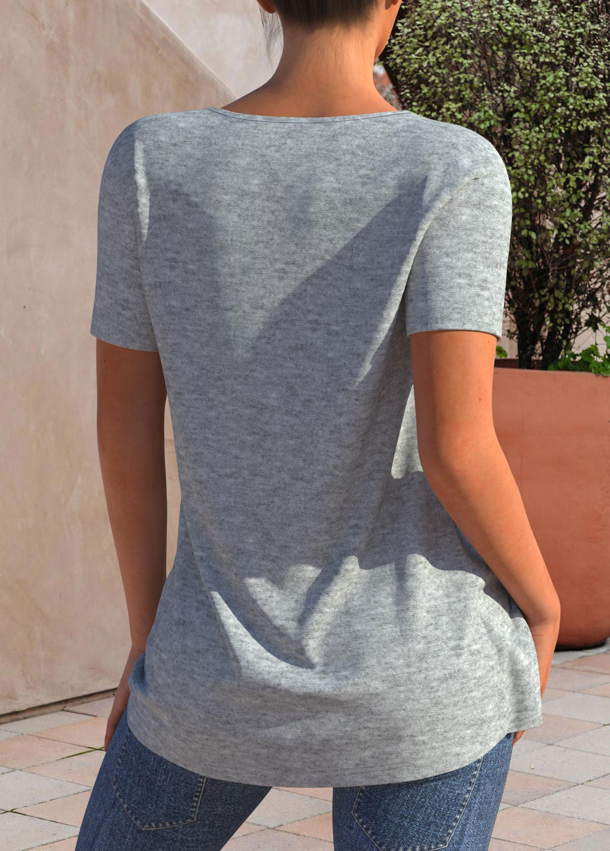 Grey Marl Short Sleeve Cutout Neck T Shirt