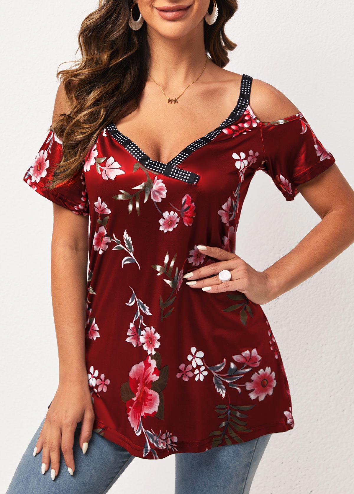 Wine Red Strappy Cold Shoulder Floral Print T Shirt