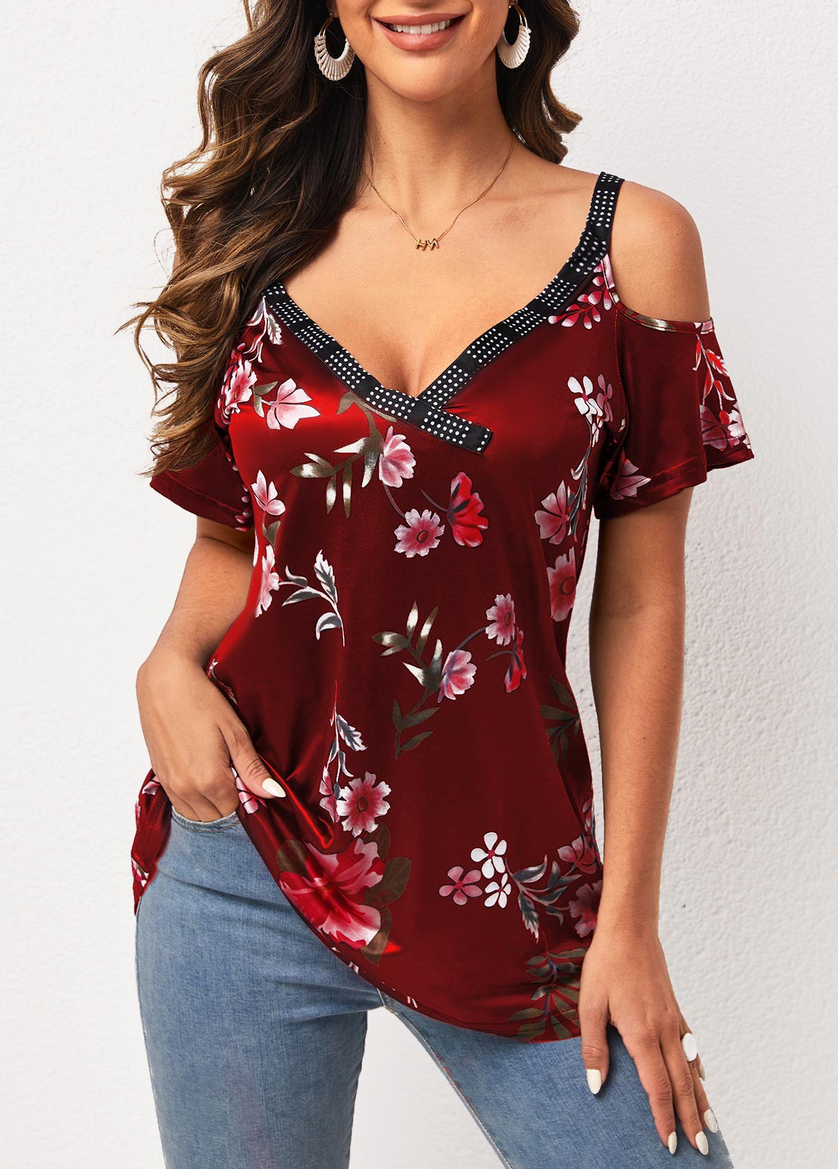 Wine Red Strappy Cold Shoulder Floral Print T Shirt