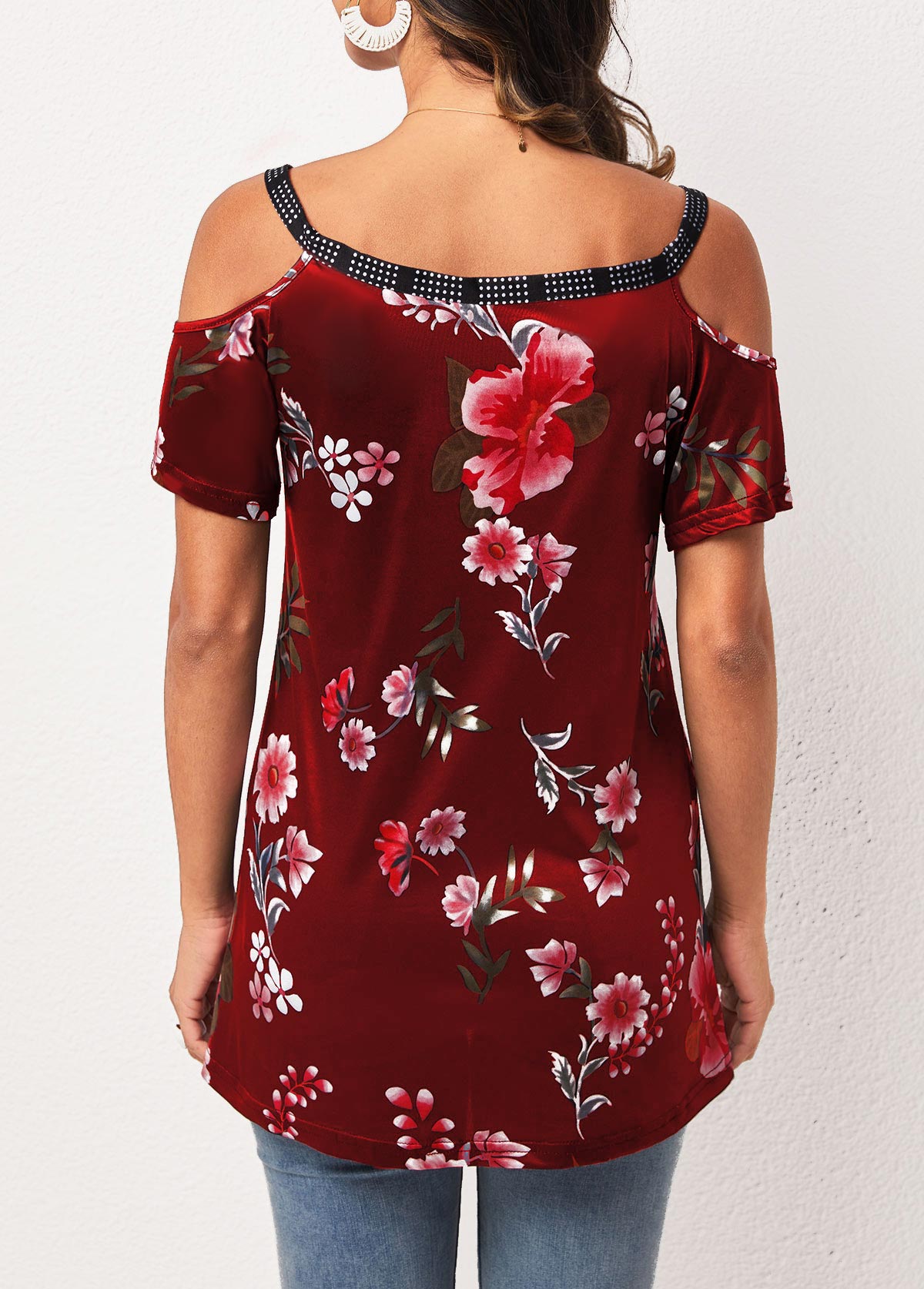 Wine Red Strappy Cold Shoulder Floral Print T Shirt