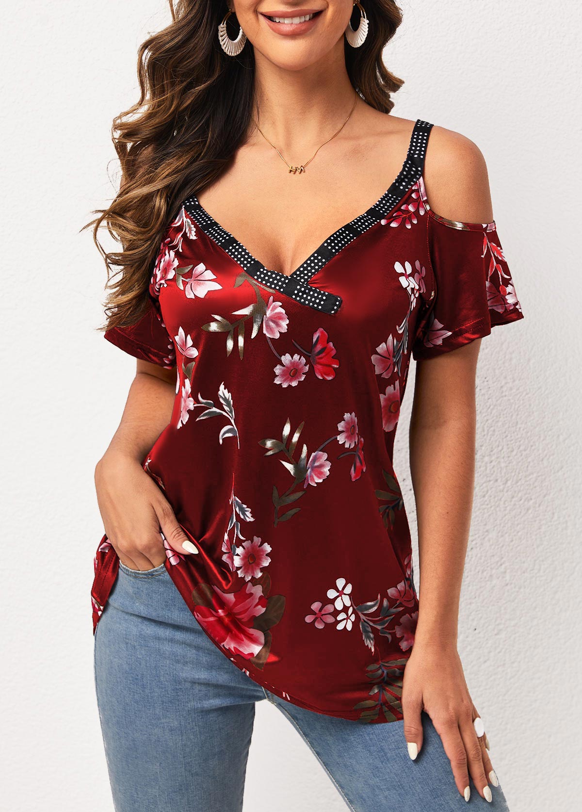 Wine Red Strappy Cold Shoulder Floral Print T Shirt