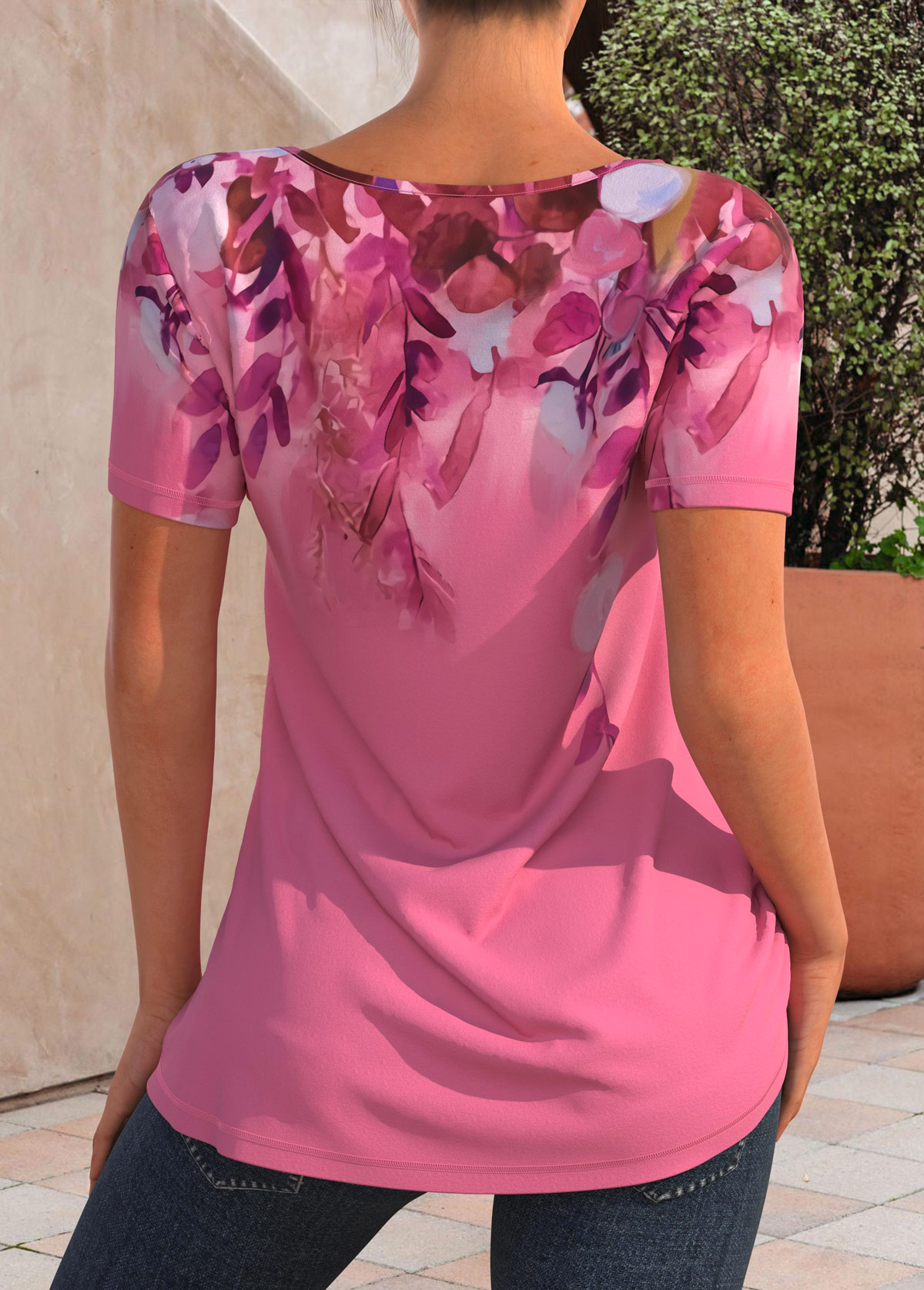 Pink Floral Print Decorative Button T Shirt