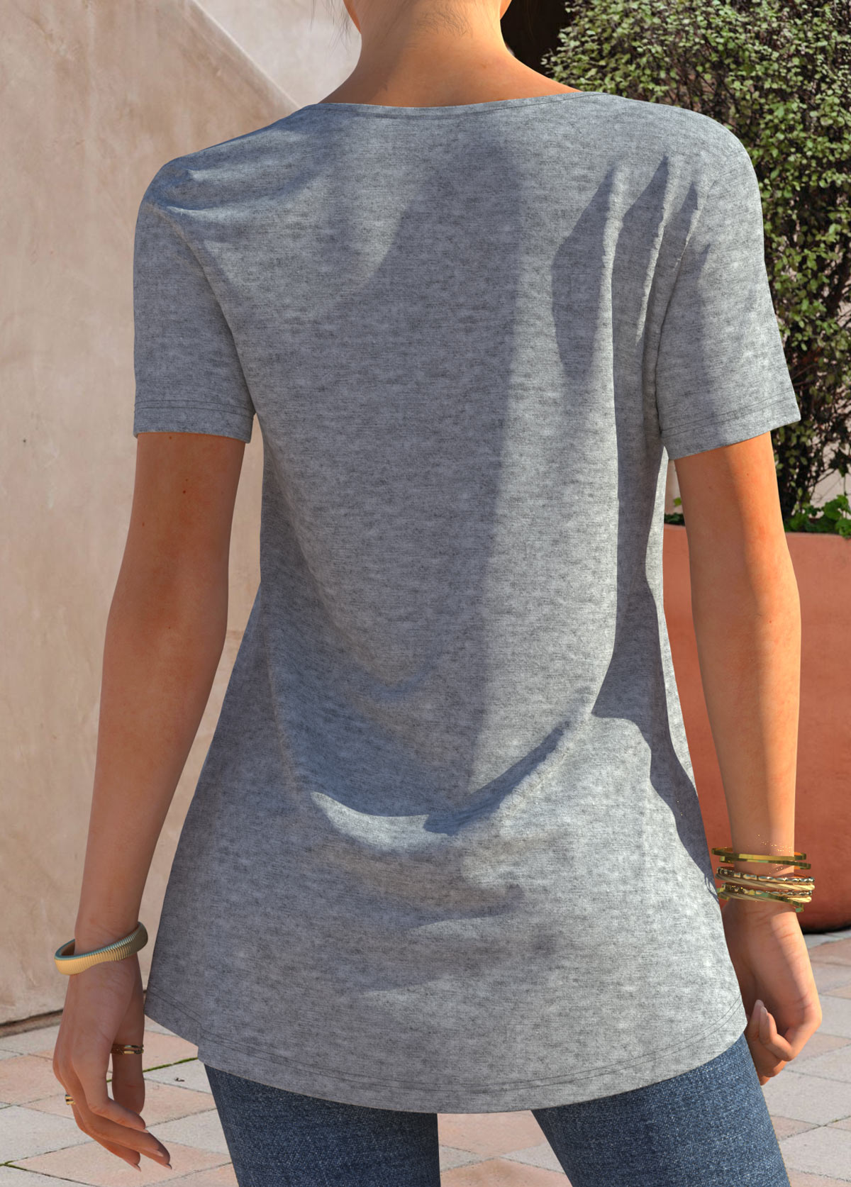 Button Detail Short Sleeve Grey Marl T Shirt