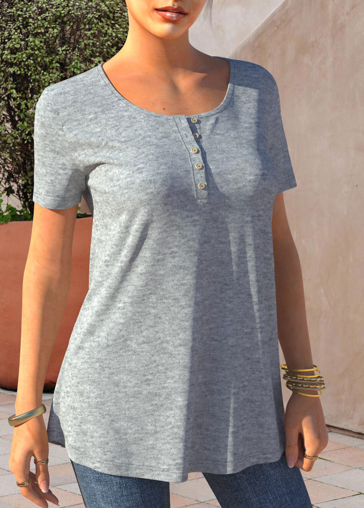 Button Detail Short Sleeve Grey Marl T Shirt