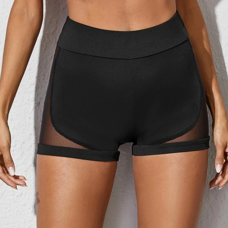 Black Mesh Stitching High Waist Swim Shorts