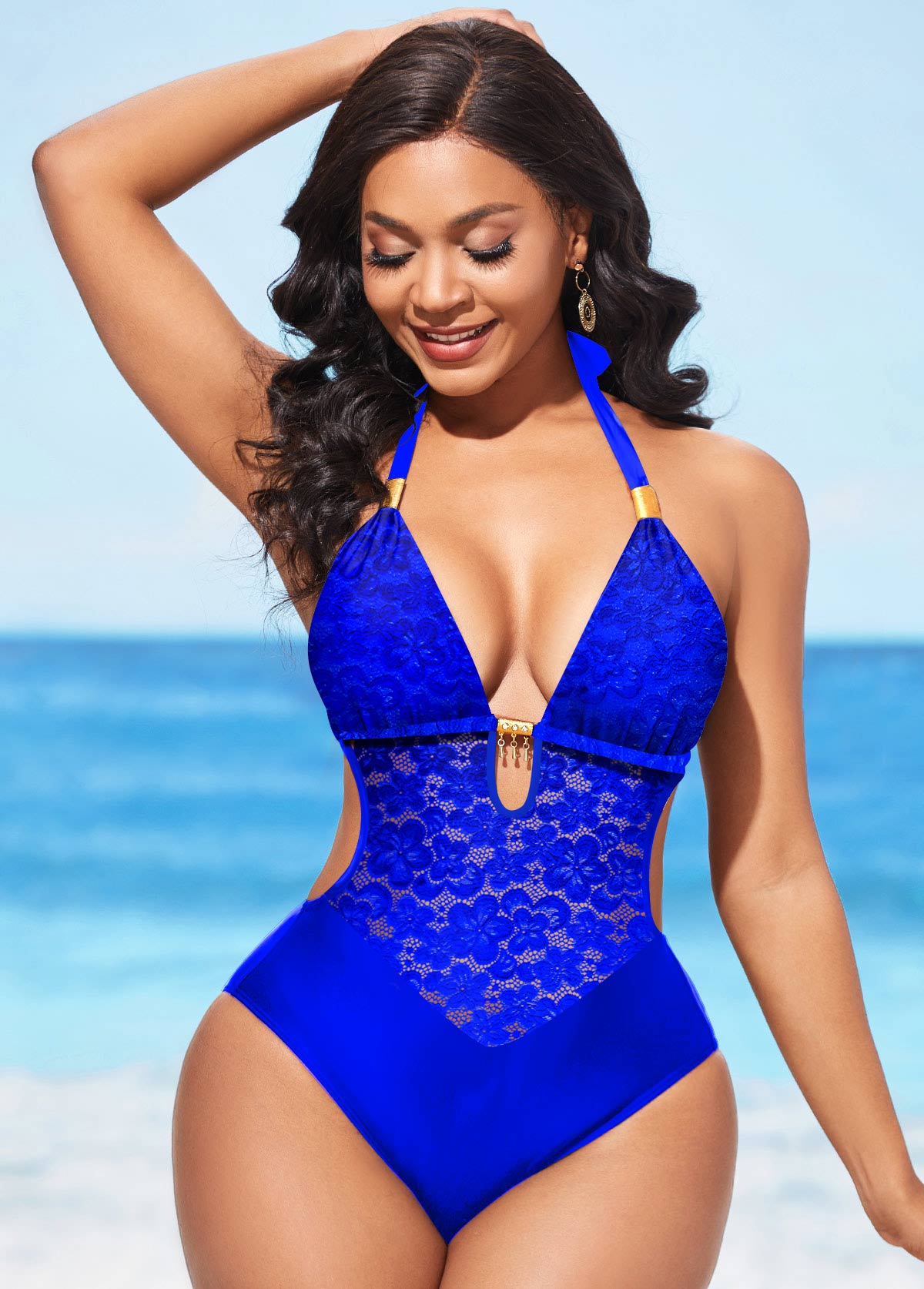 Cutout Royal Blue Lace Stitching One Piece Swimwear
