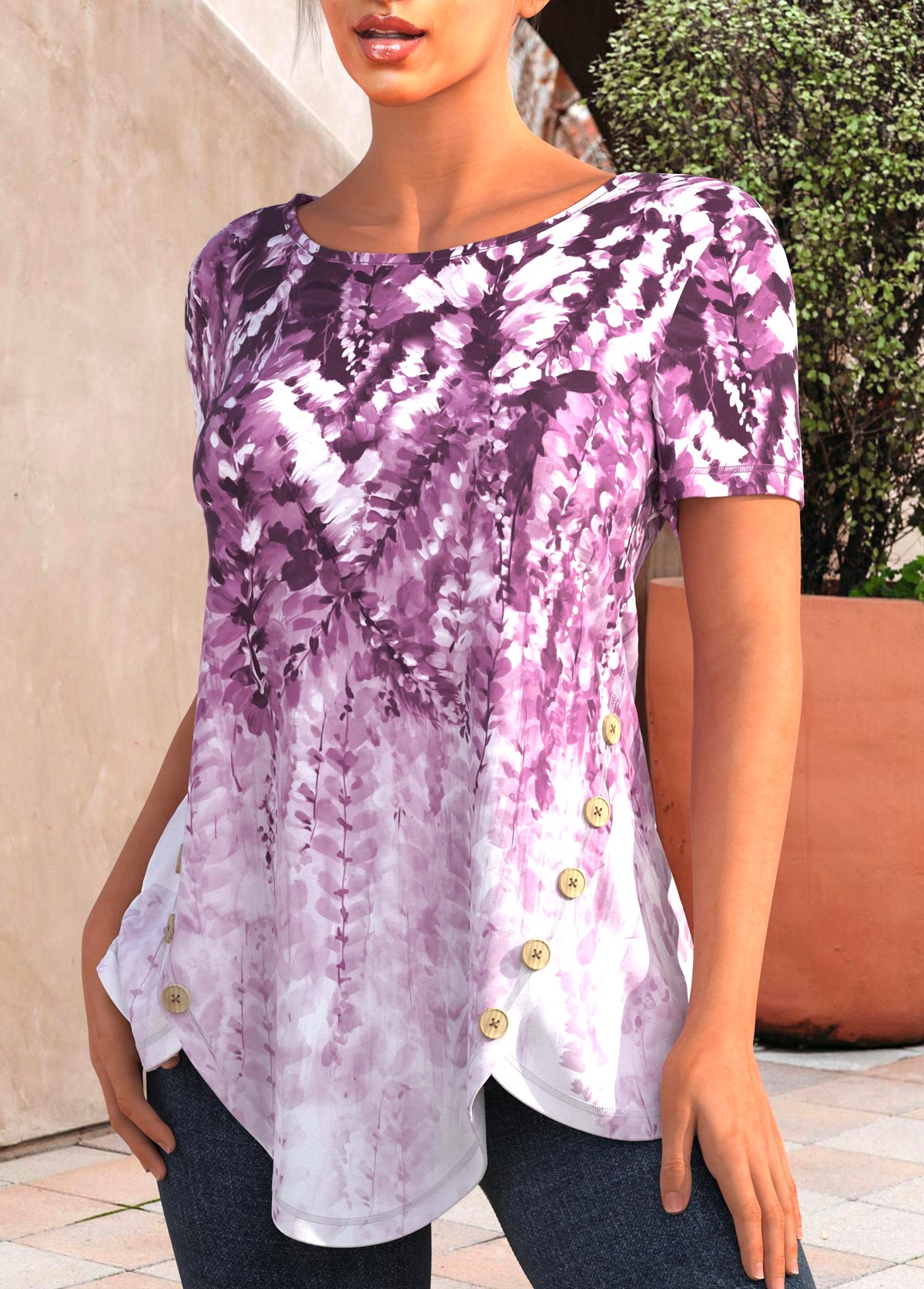 Light Purple Decorative Button Floral Print T Shirt