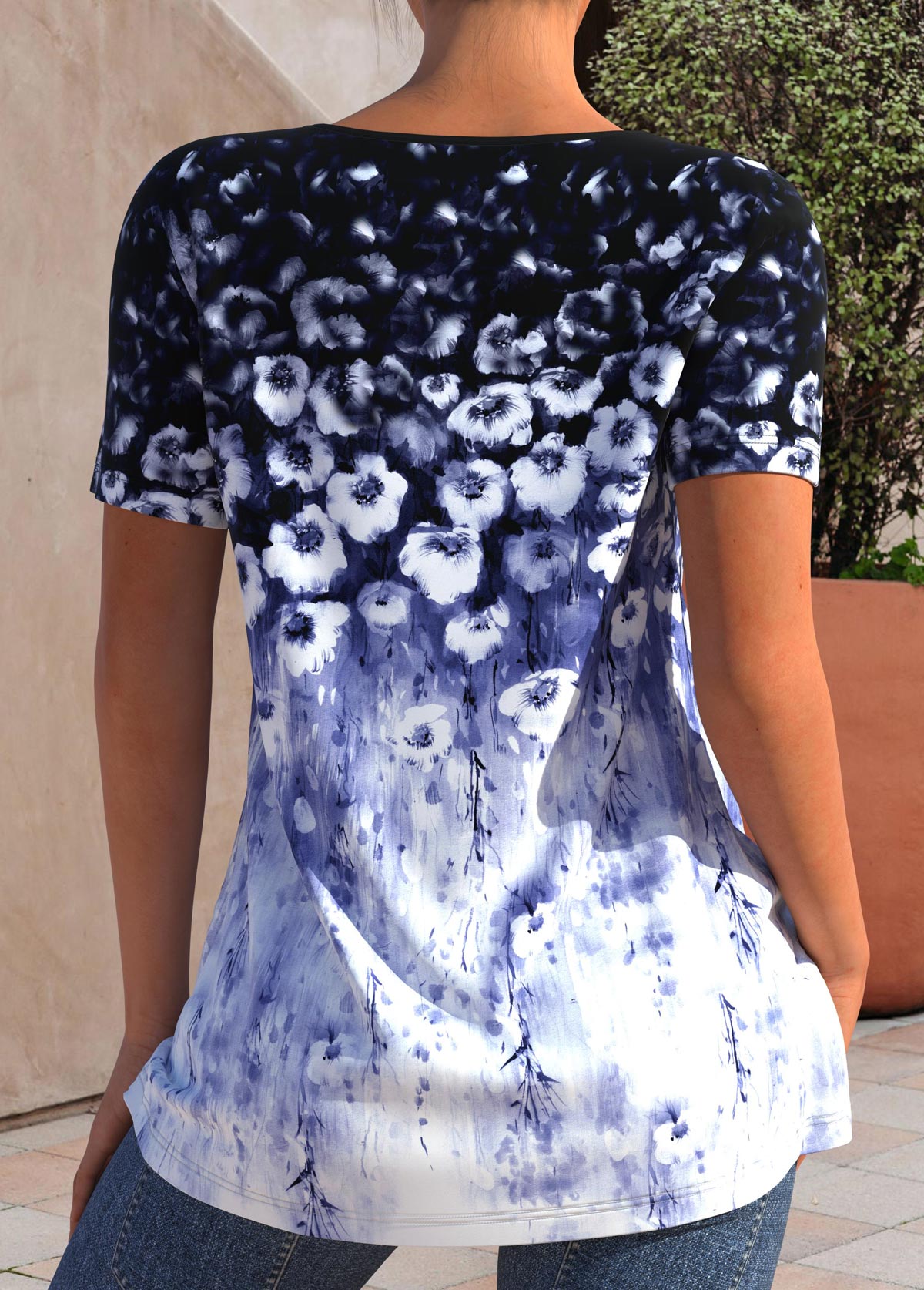 Purplish Blue Floral Print Ring Detail T Shirt