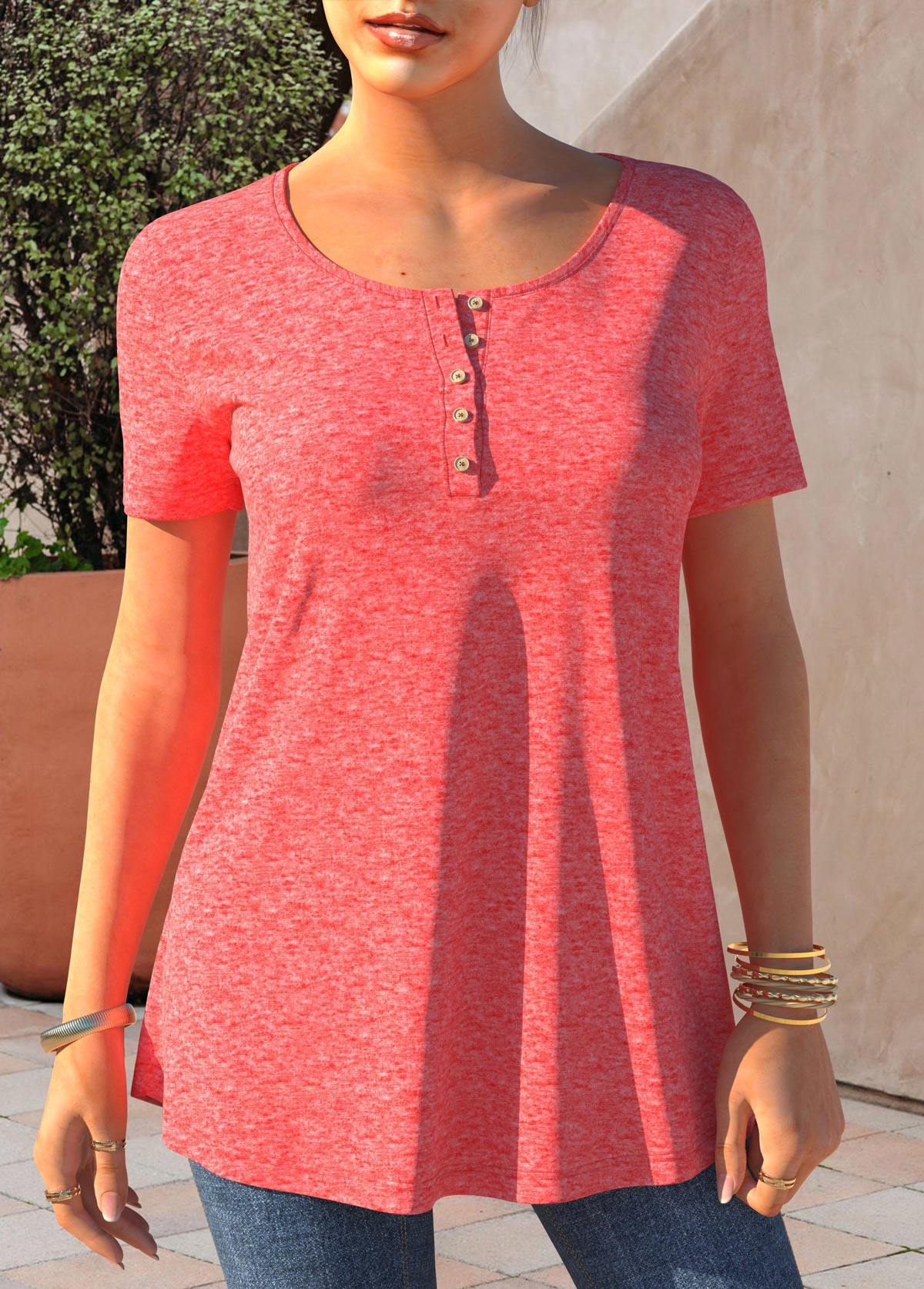 Button Detail Short Sleeve Pink T Shirt