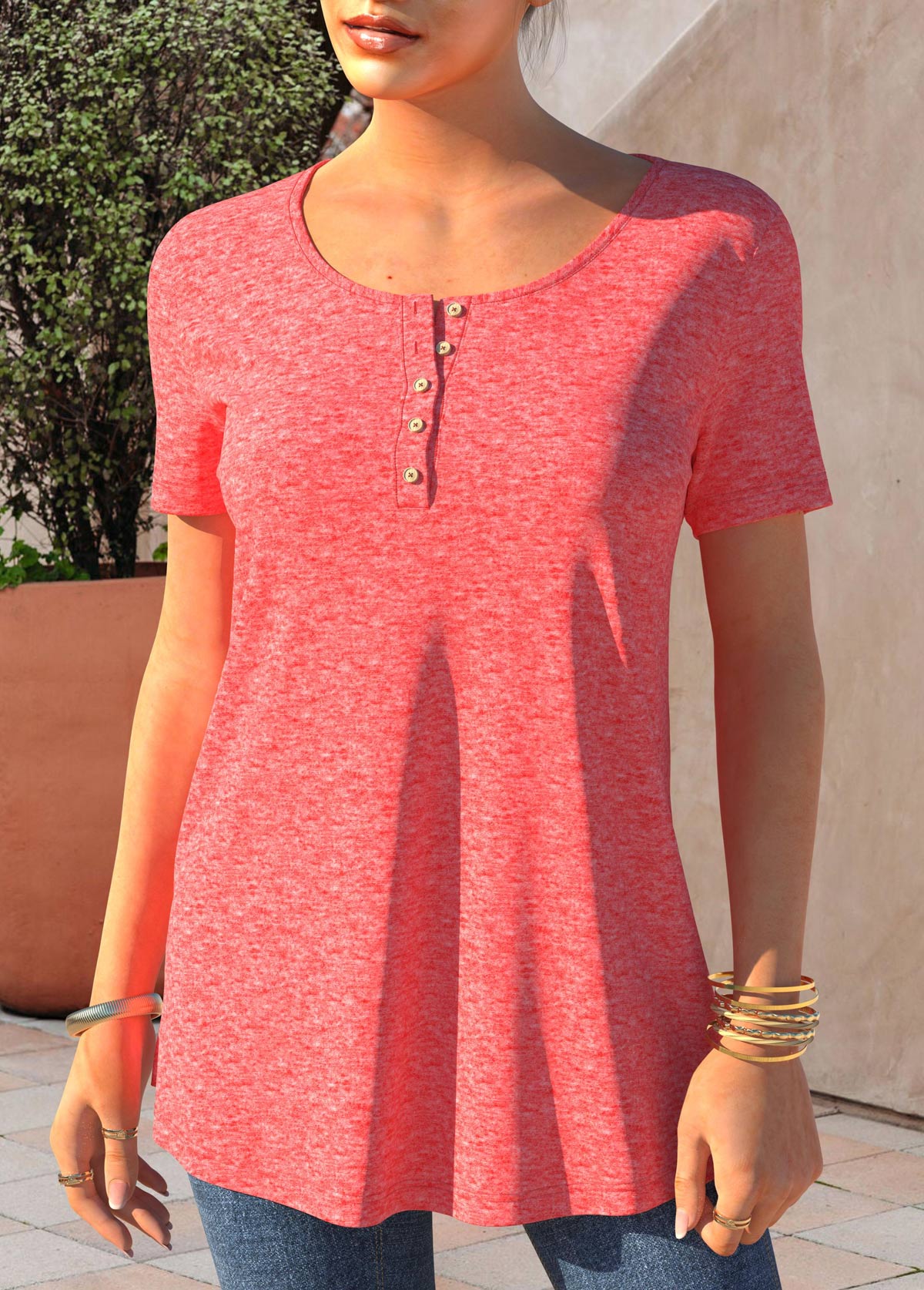 Button Detail Short Sleeve Pink T Shirt