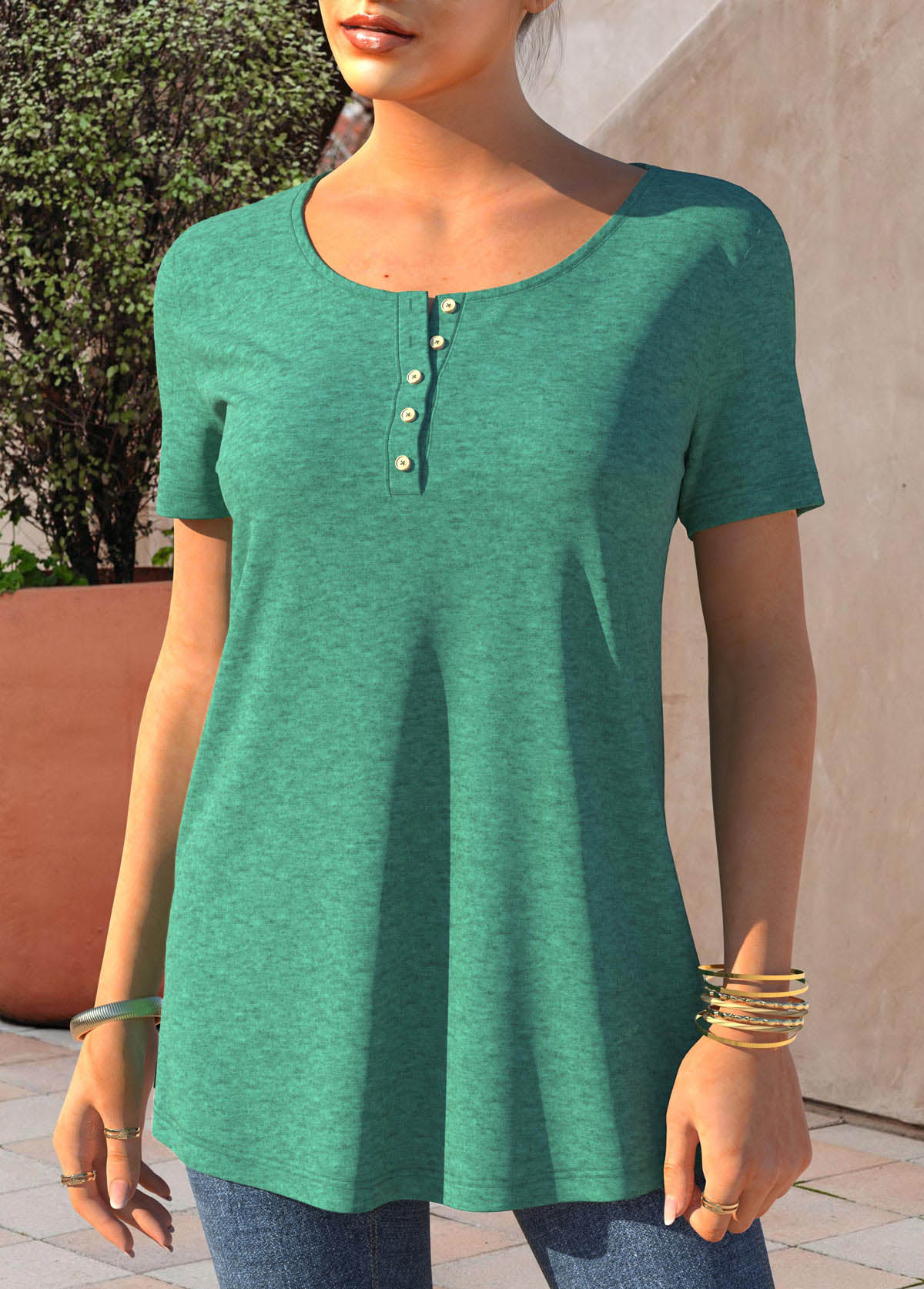 Button Detail Short Sleeve Turquoise T Shirt