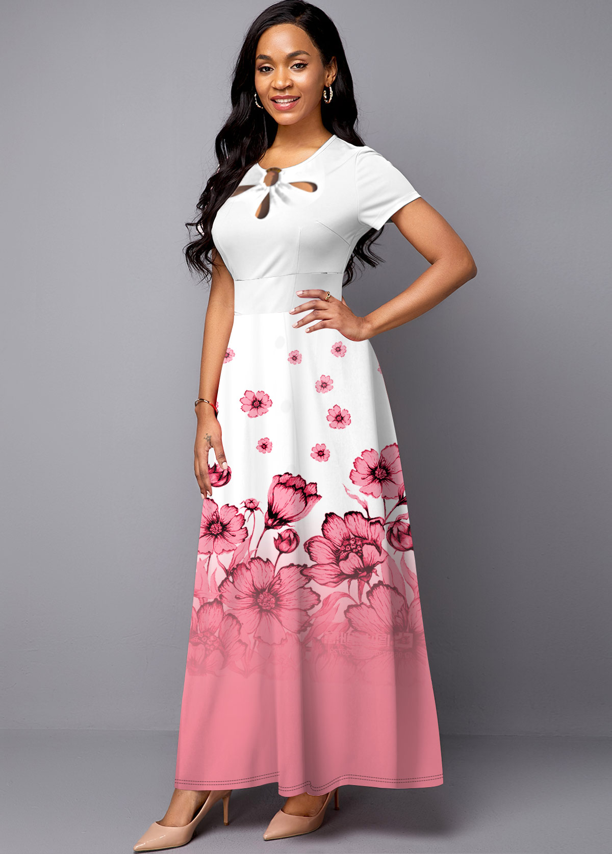 Pink Ombre Floral Print Cutout Front Dress