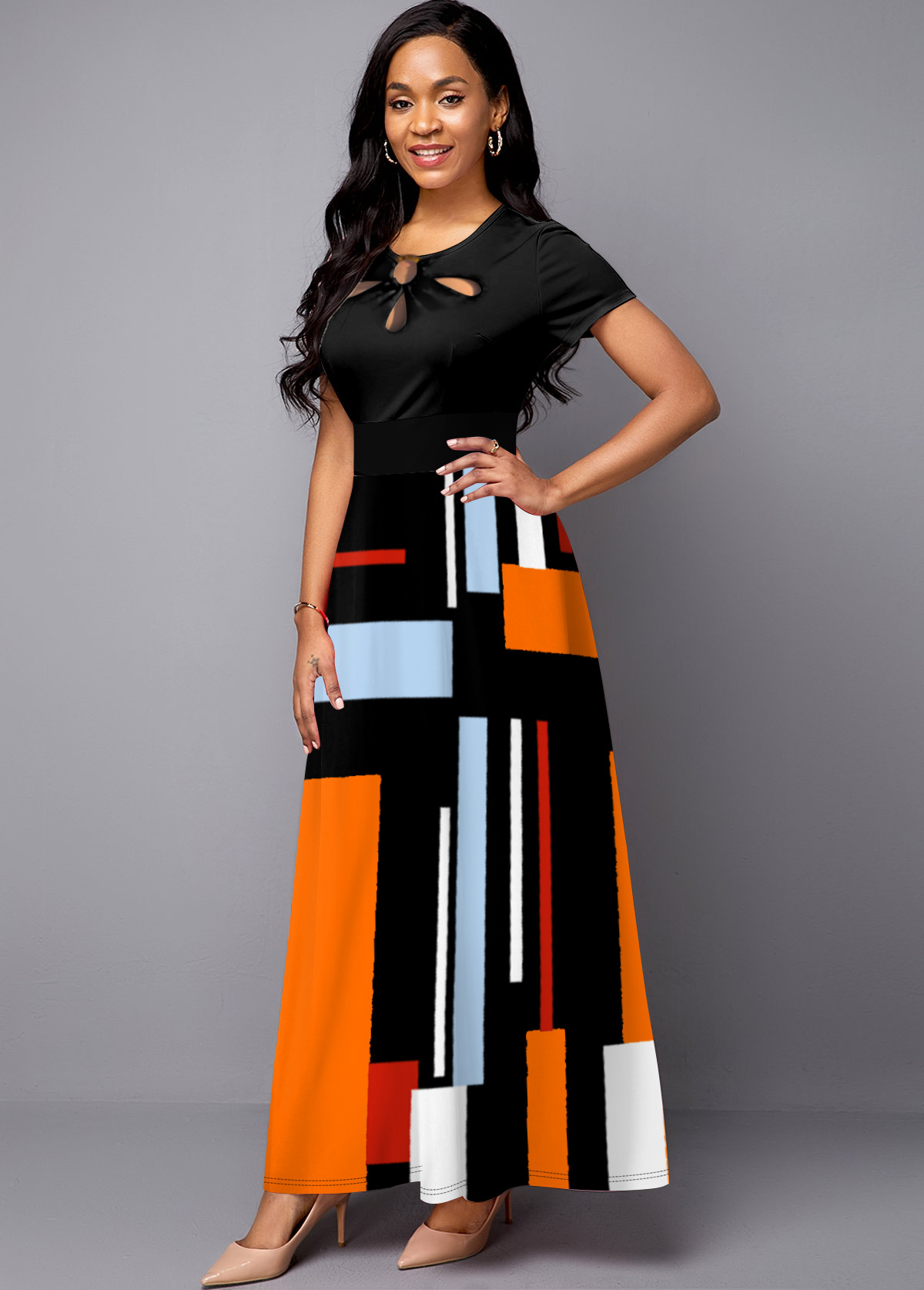 Black Geometric Print Cage Neck Dress