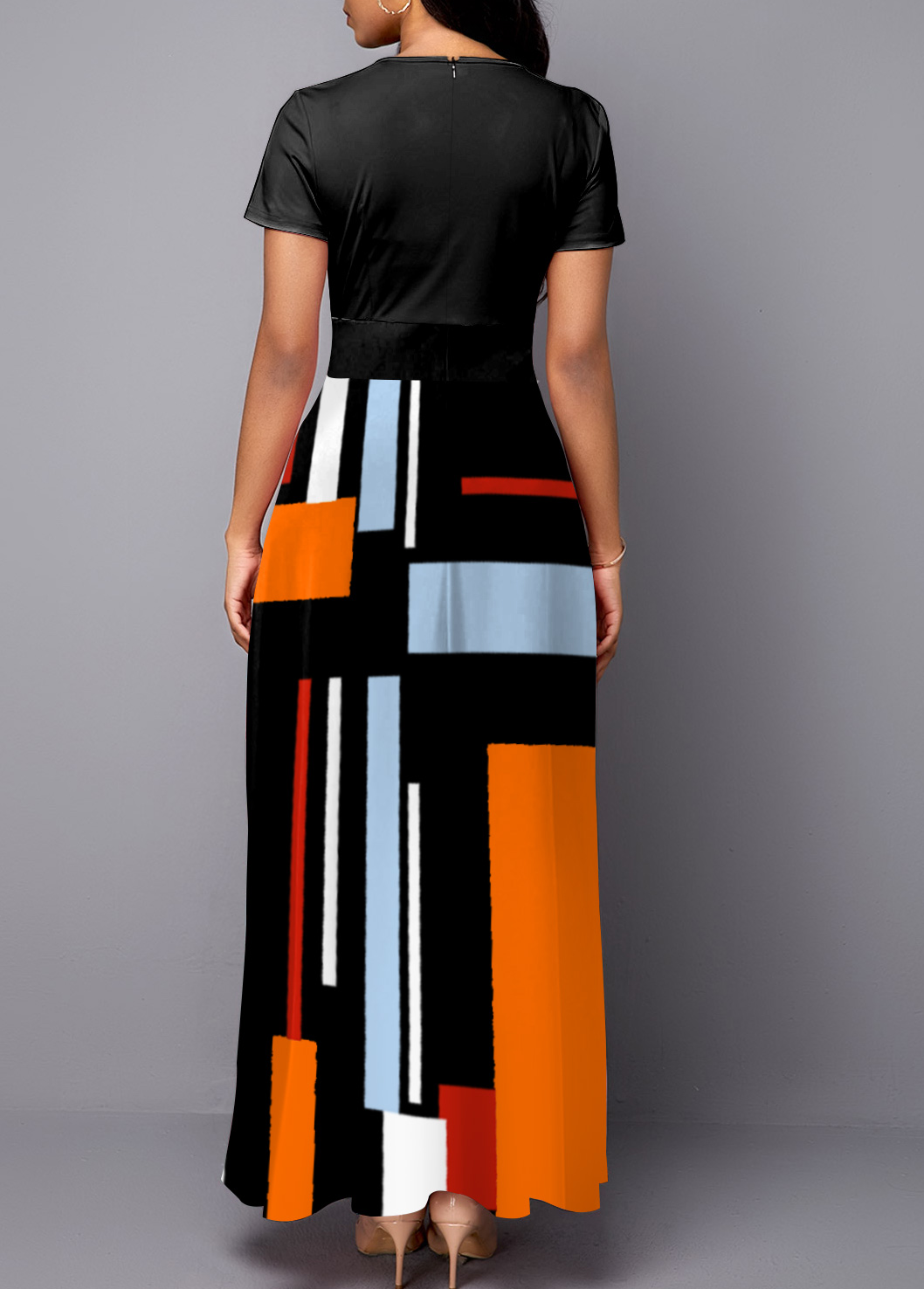 Black Geometric Print Cage Neck Dress