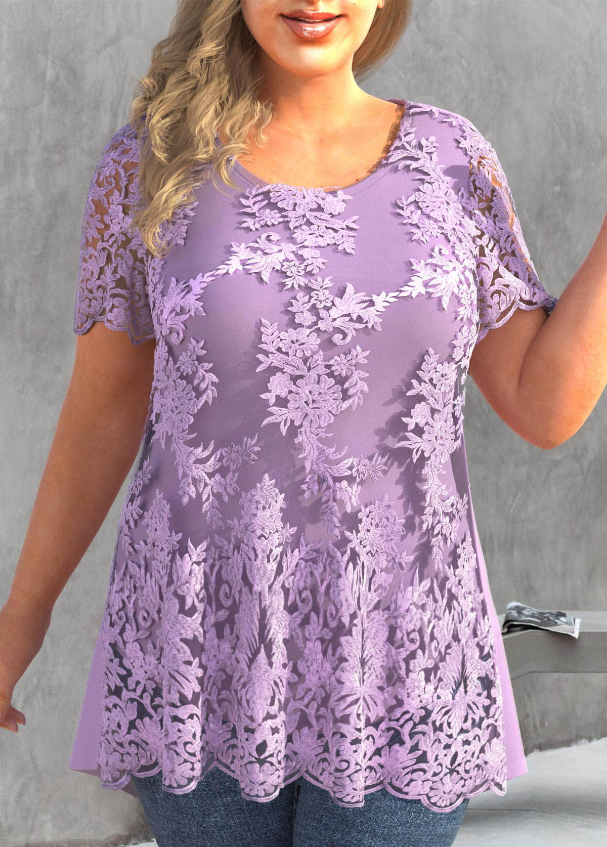 Plus Size Light Purple Embroidered T Shirt