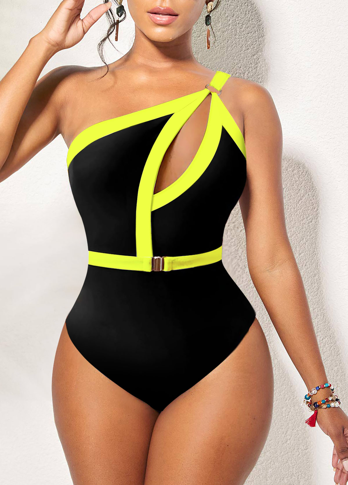 Yellow Contrast Stitch Asymmetric Design Cutout One Piece Swimwear