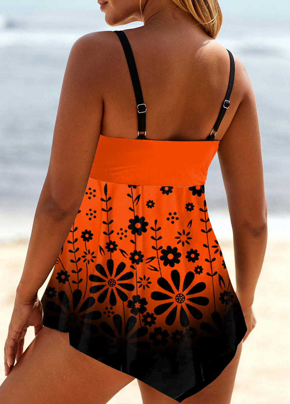 Ombre Orange Floral Print Swimdress Top
