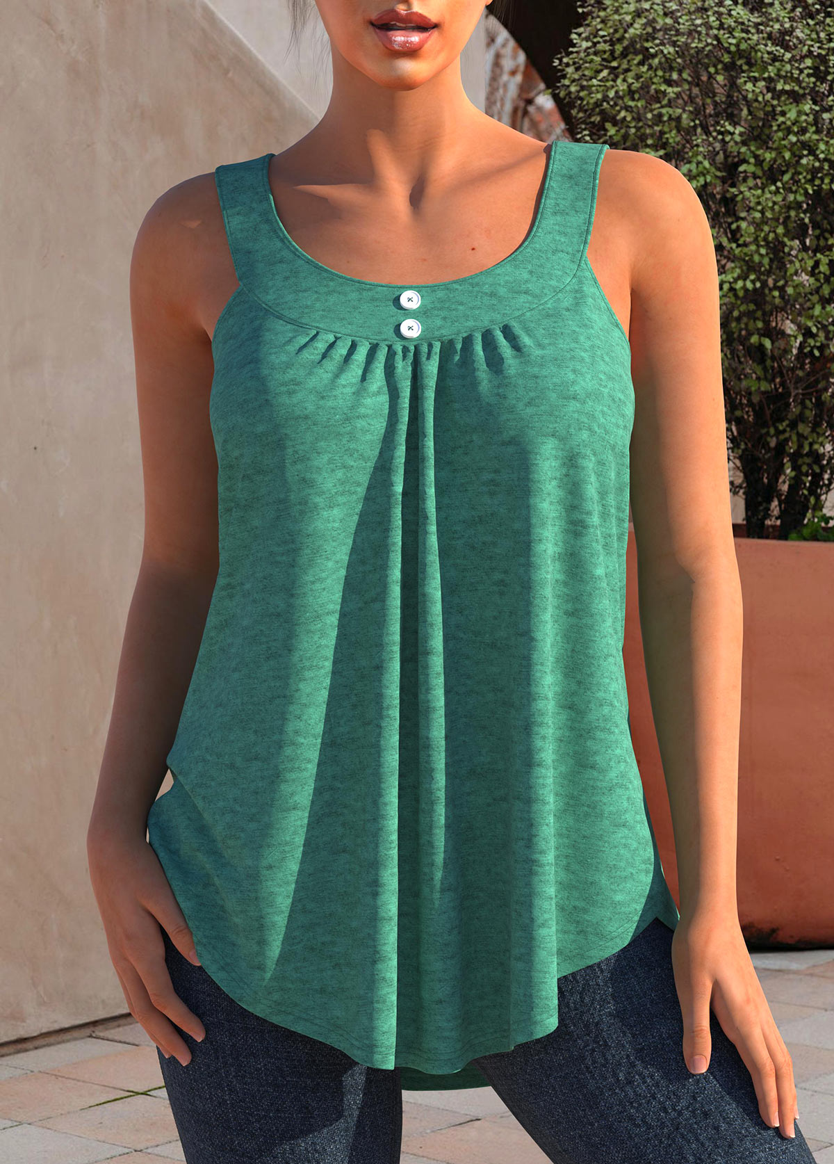 Decorative Button Wide Strap Turquoise Tank Top