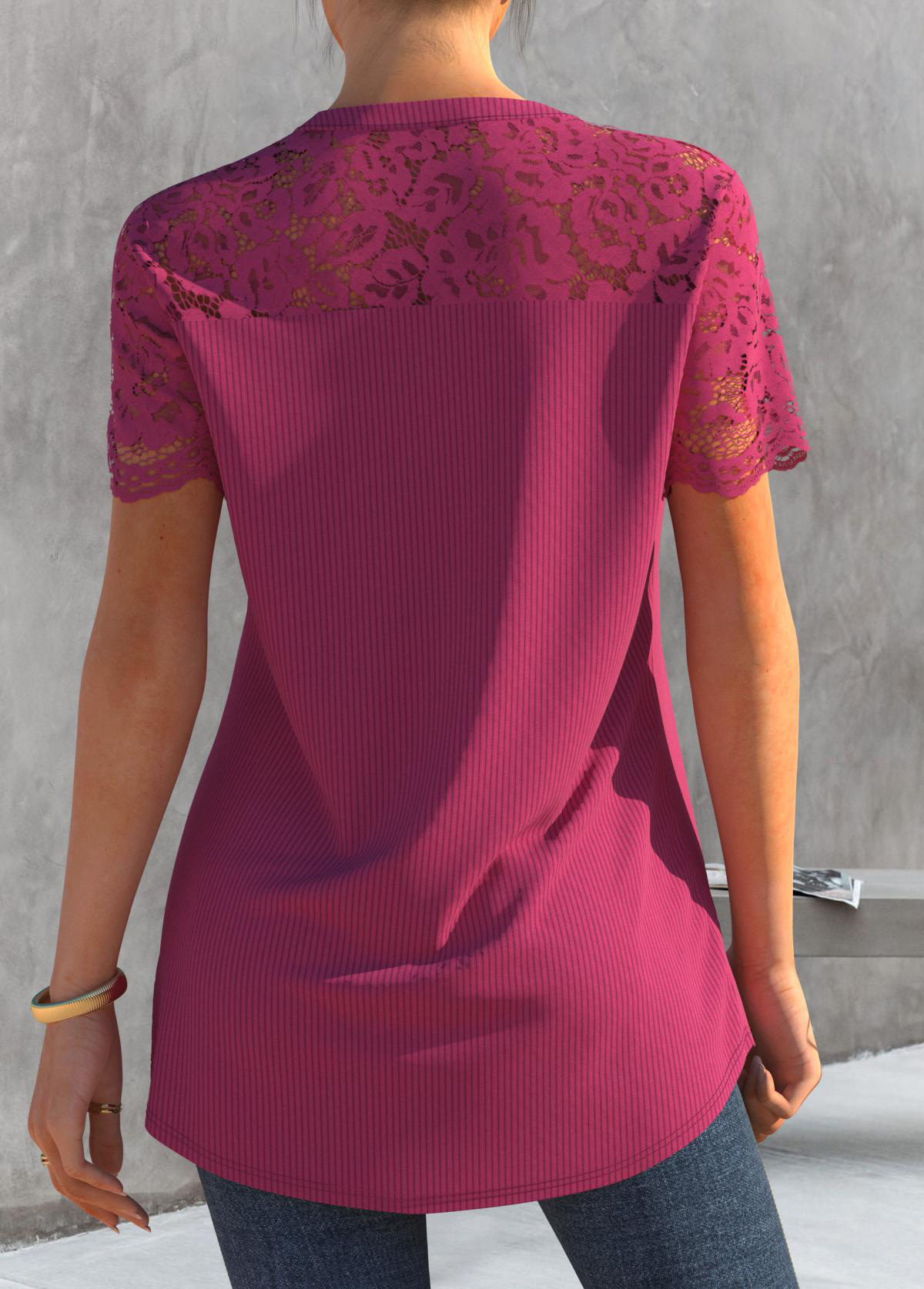 Rose Red Lace Patchwork Short Sleeve Blouse