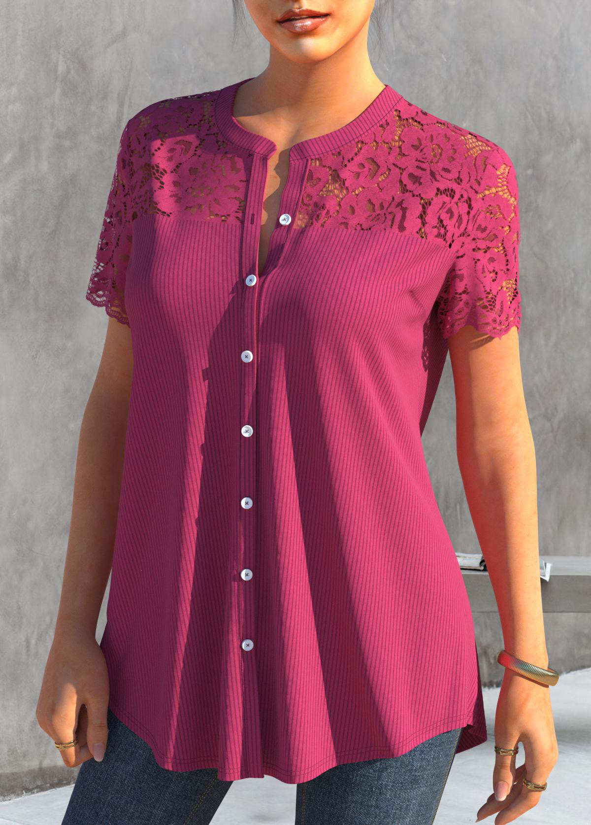Rose Red Lace Patchwork Short Sleeve Blouse