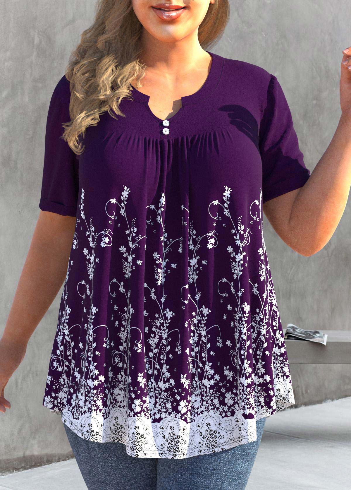 Deep Purple Floral Print Plus Size T Shirt
