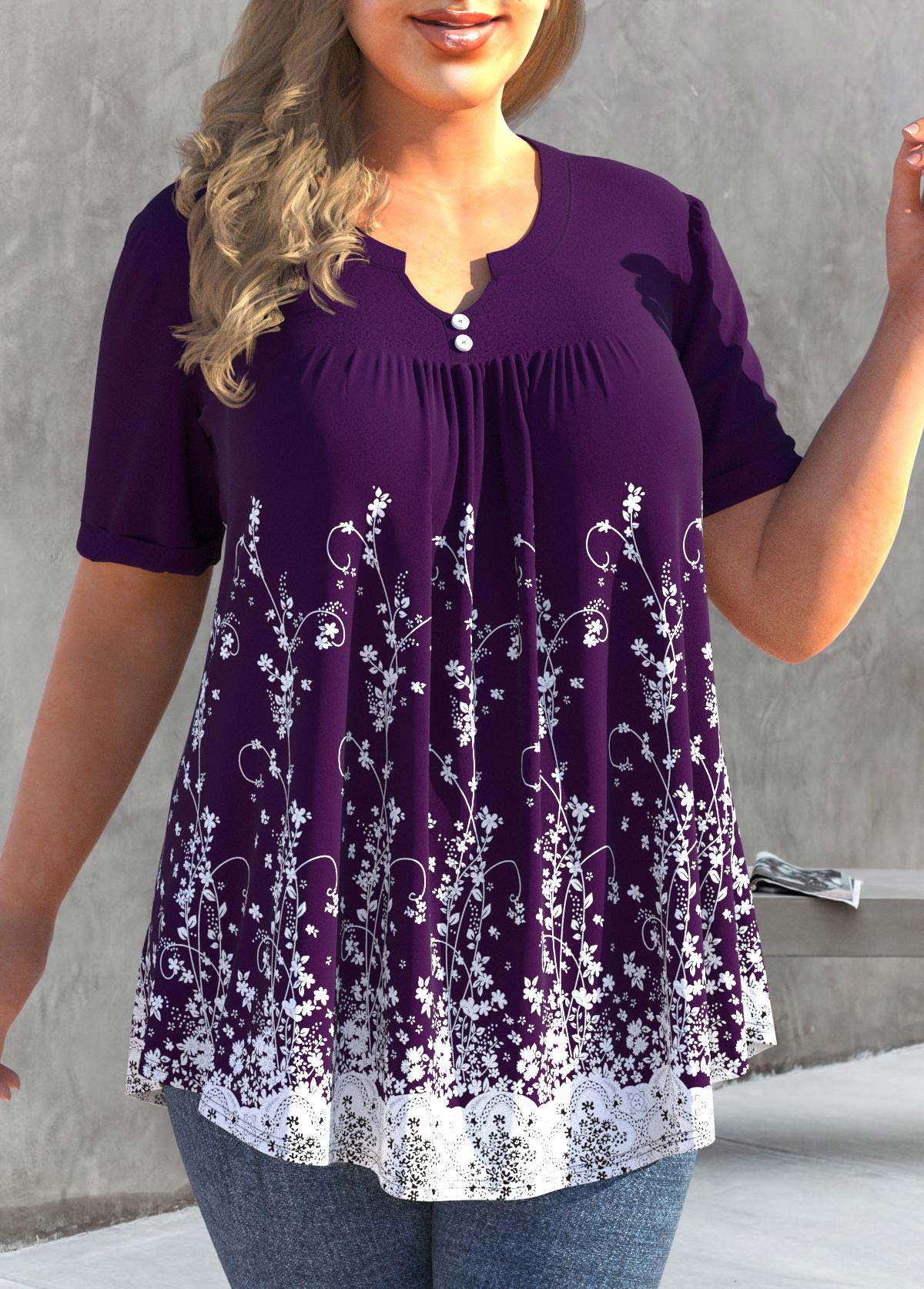 Deep Purple Floral Print Plus Size T Shirt