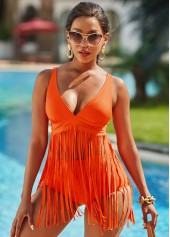 Solid Tassel Spaghetti Strap Swimdress and Panty