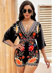 Tie Back V Neck Floral Print Romper