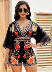 Tie Back V Neck Floral Print Romper